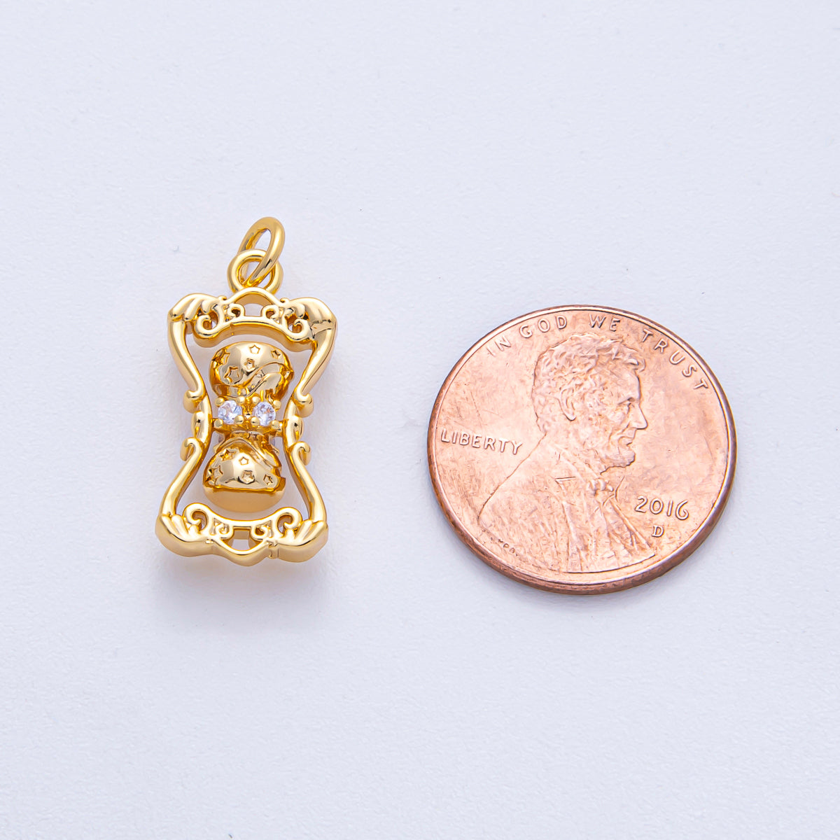 18K Gold Filled 20.5mm Clear CZ Hourglass Sand Timer 3D Multidimensional Charm | AK014