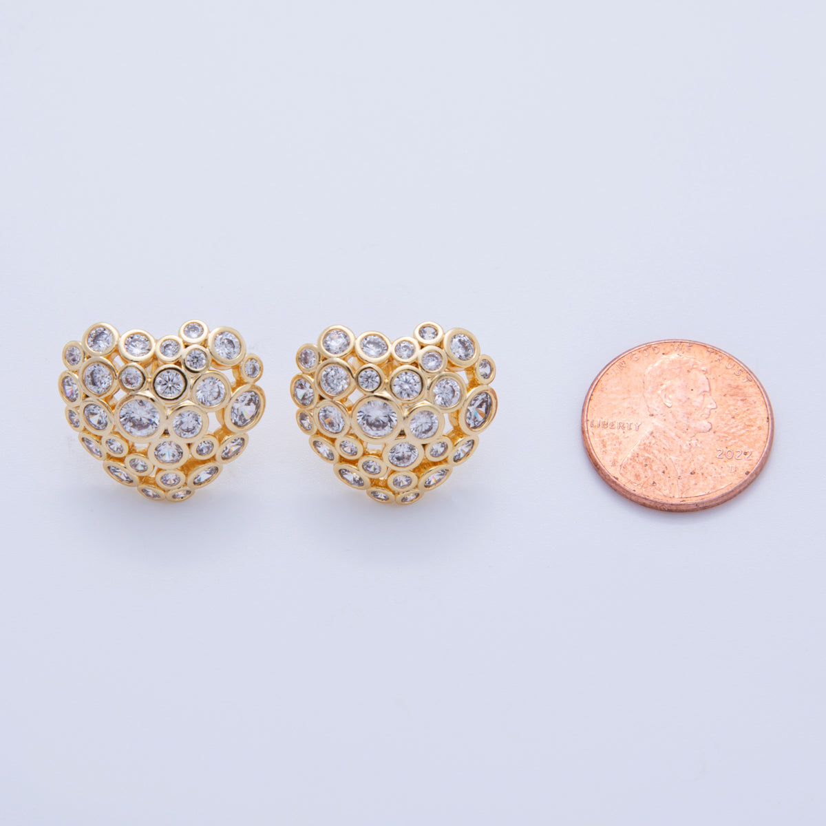 18K Gold Filled Clear CZ Dotted Dome Heart Stud Earrings | AI358
