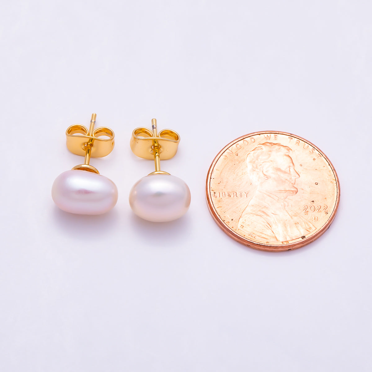 18K Gold Filled 9mm Pink Oval Button Freshwater Pearl Stud Earrings | Earrings-00785