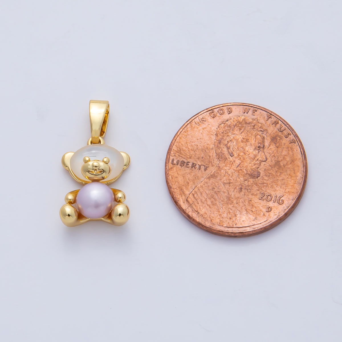 18K Gold Filled 13mm Pink, Purple Shell Pearl Teddy Bear Mini Pendant | AF1188