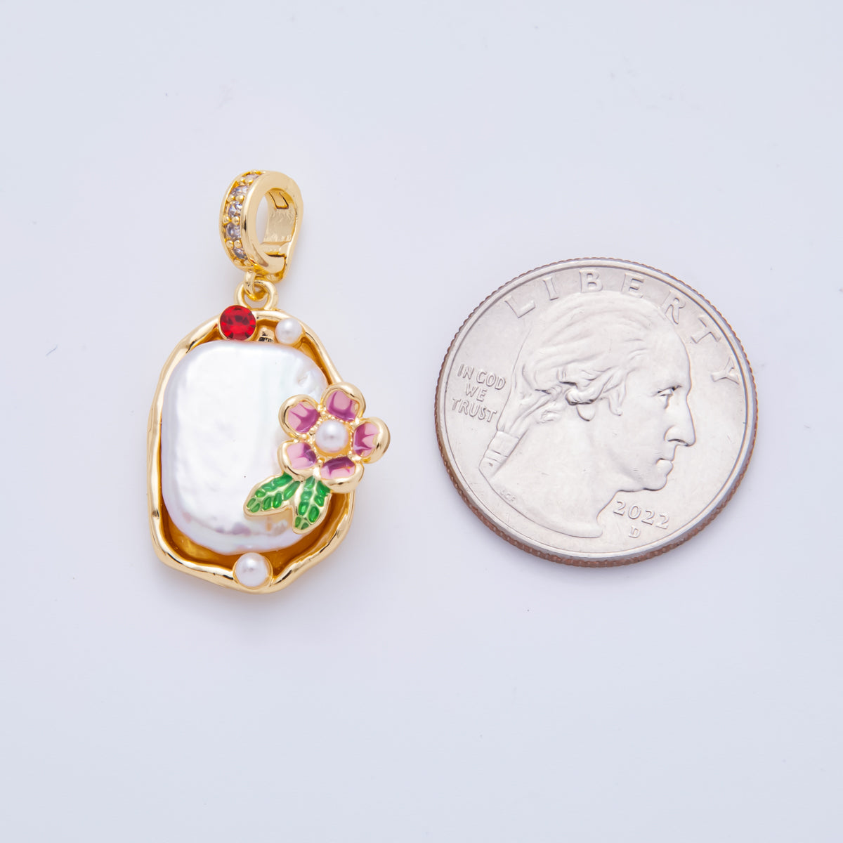 18K Gold Filled 34mm Freshwater Pearl Flower Micro Paved CZ Drop Rondelle Pendant | AH817