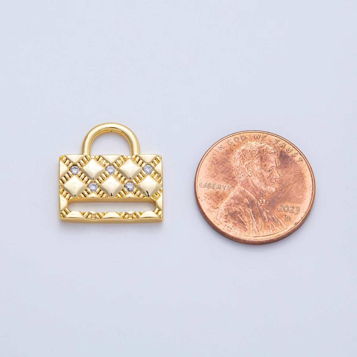 18K Gold Filled 16.6mm Quilted CZ Top Handle Handbag Charm | AK203
