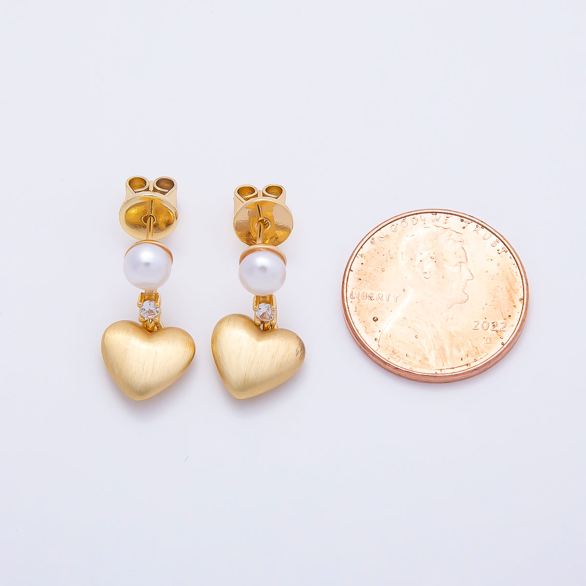 18K Gold Filled 19mm Clear CZ Shell Pearl Heart Drop Stud Earrings | Earrings-00429