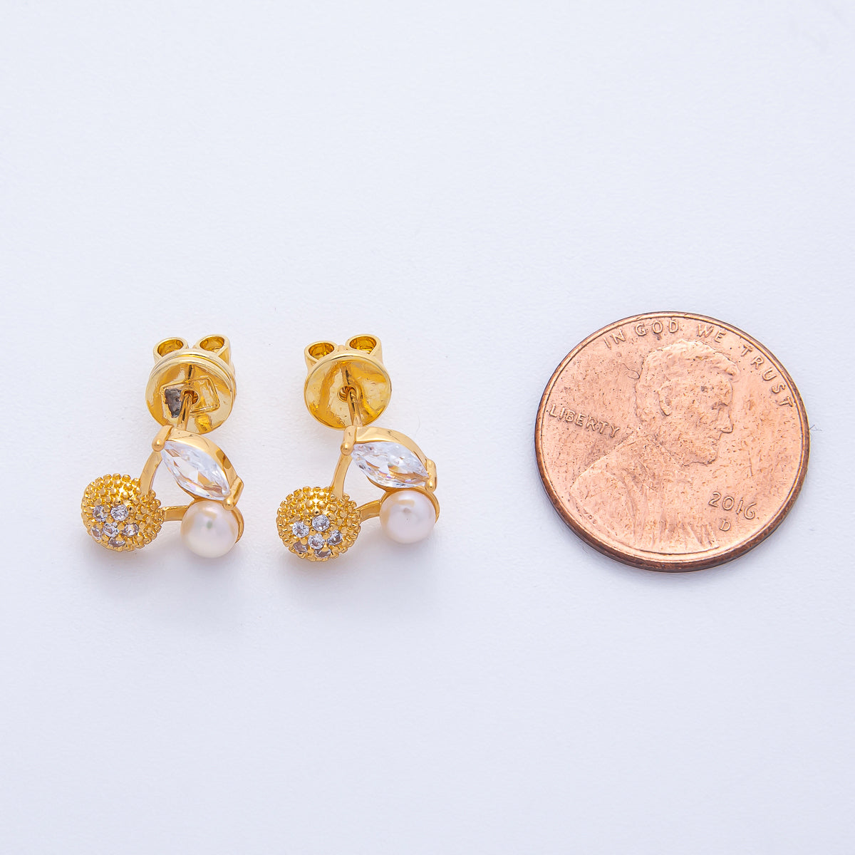 18K Gold Filled 15mm Micro Paved CZ Shell Pearl Cherry Fruit Stud Earrings | A1677
