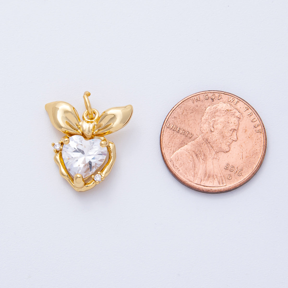 18K Gold Filled 16mm Clear CZ Ribbon Bow Heart Charm | AK195