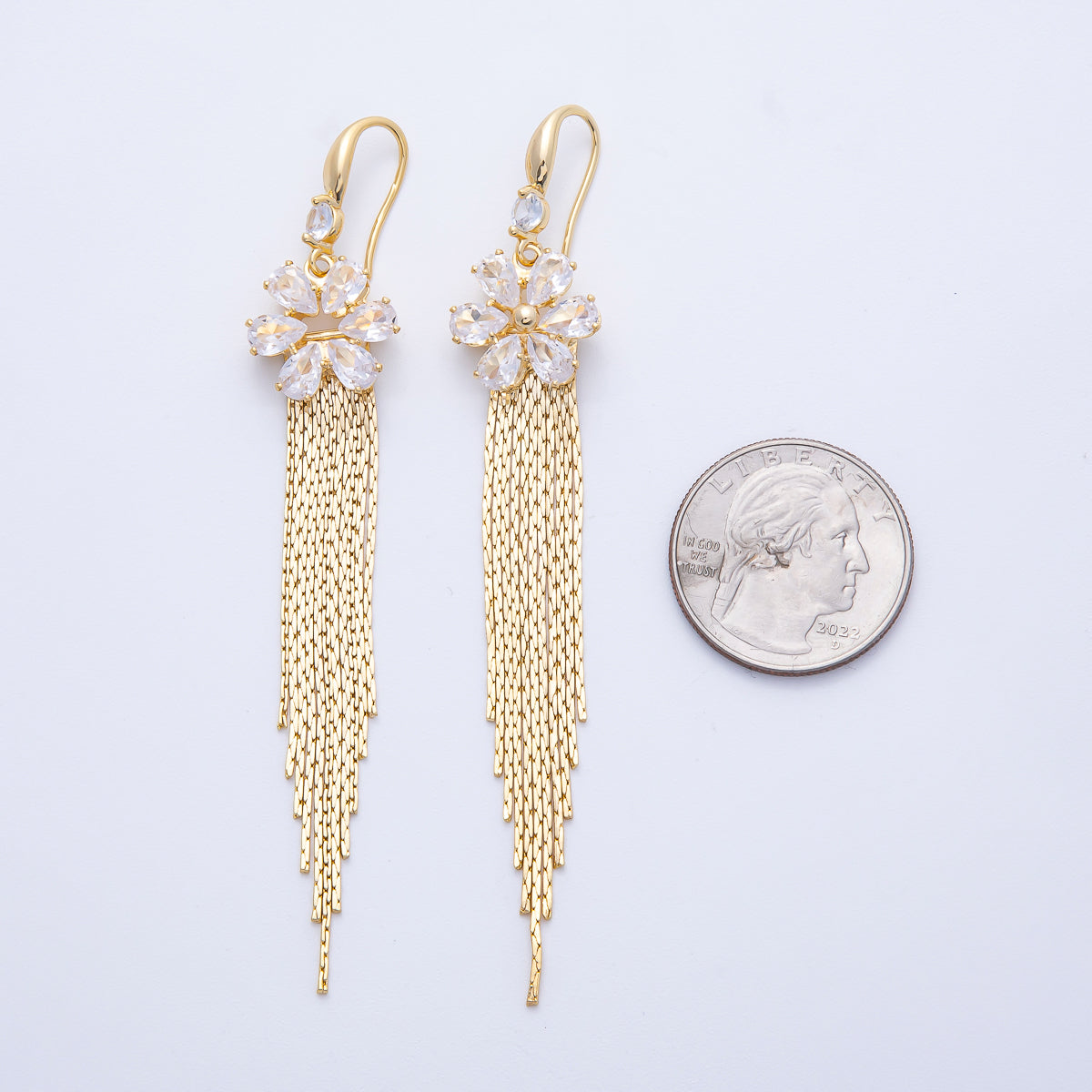 18K Gold Filled 94mm Clear CZ Flower Snake Chain Fringe Drop Ear Hook Earrings | T486