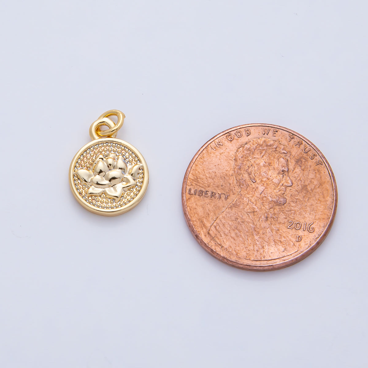 18K Gold Filled 12.5mm Lotus Flower Textured Round Mini Charm | AK044