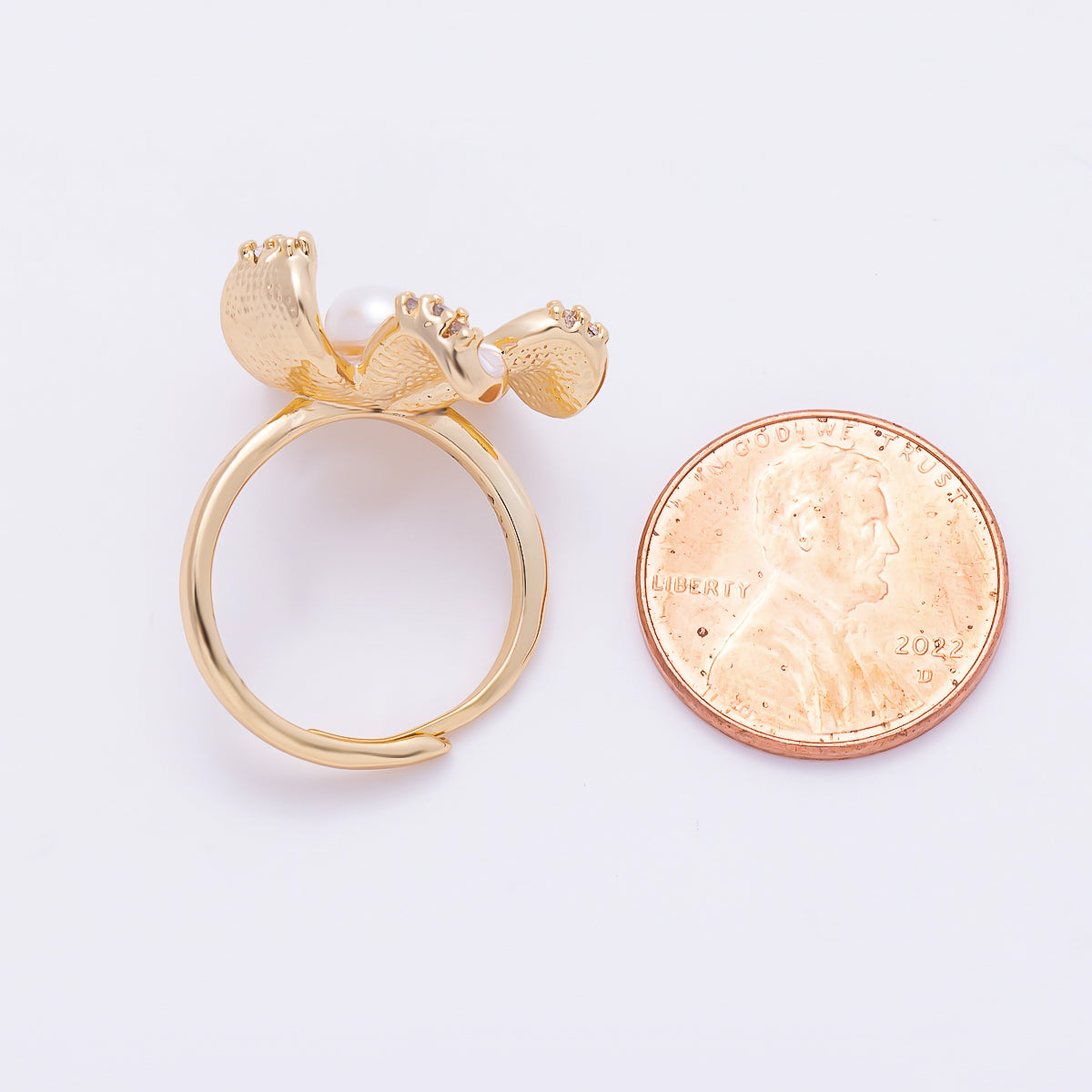 18K Gold Filled Shell Pearl Micro Paved CZ Enamel Flower Ring | Rings-00286