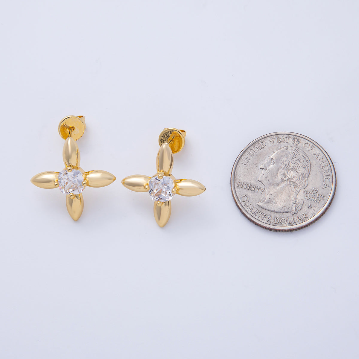 18K Gold Filled 20mm Clear CZ Petal Flower Stud Earrings | T129