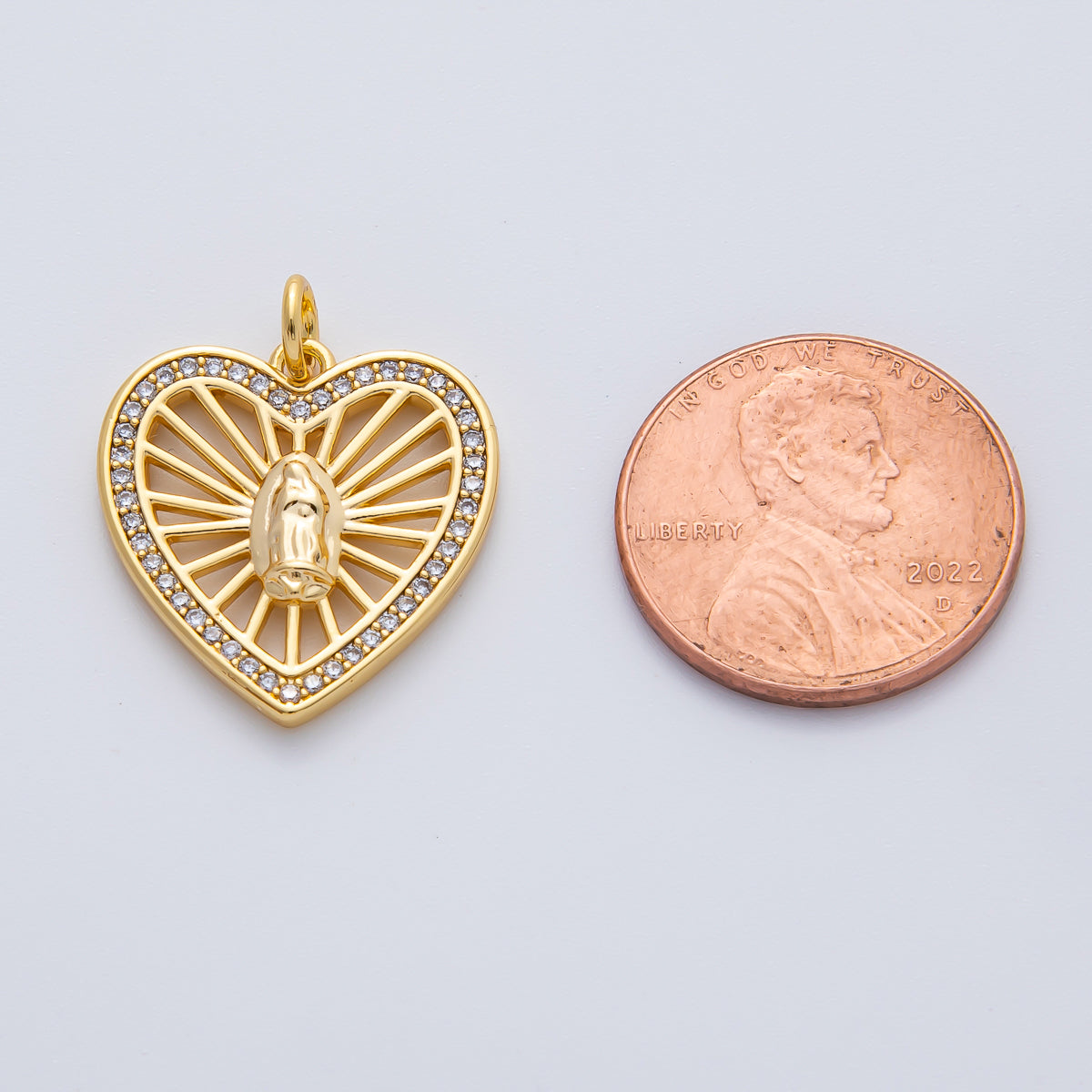 18K Gold Filled 19.5mm Mother Mary Micro Paved CZ Open Bar Heart Charm | AF1466
