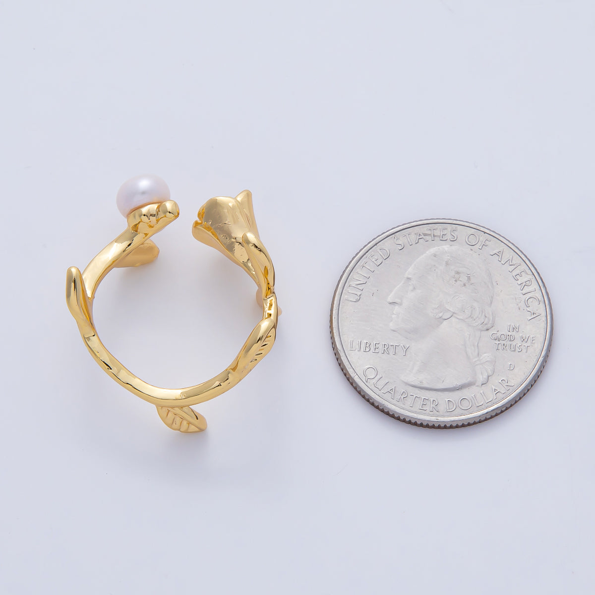 18K Gold Filled Blooming Rose Flower with Champagne and White Shell Pearl Nature Inspired Adjustable Ring | O799