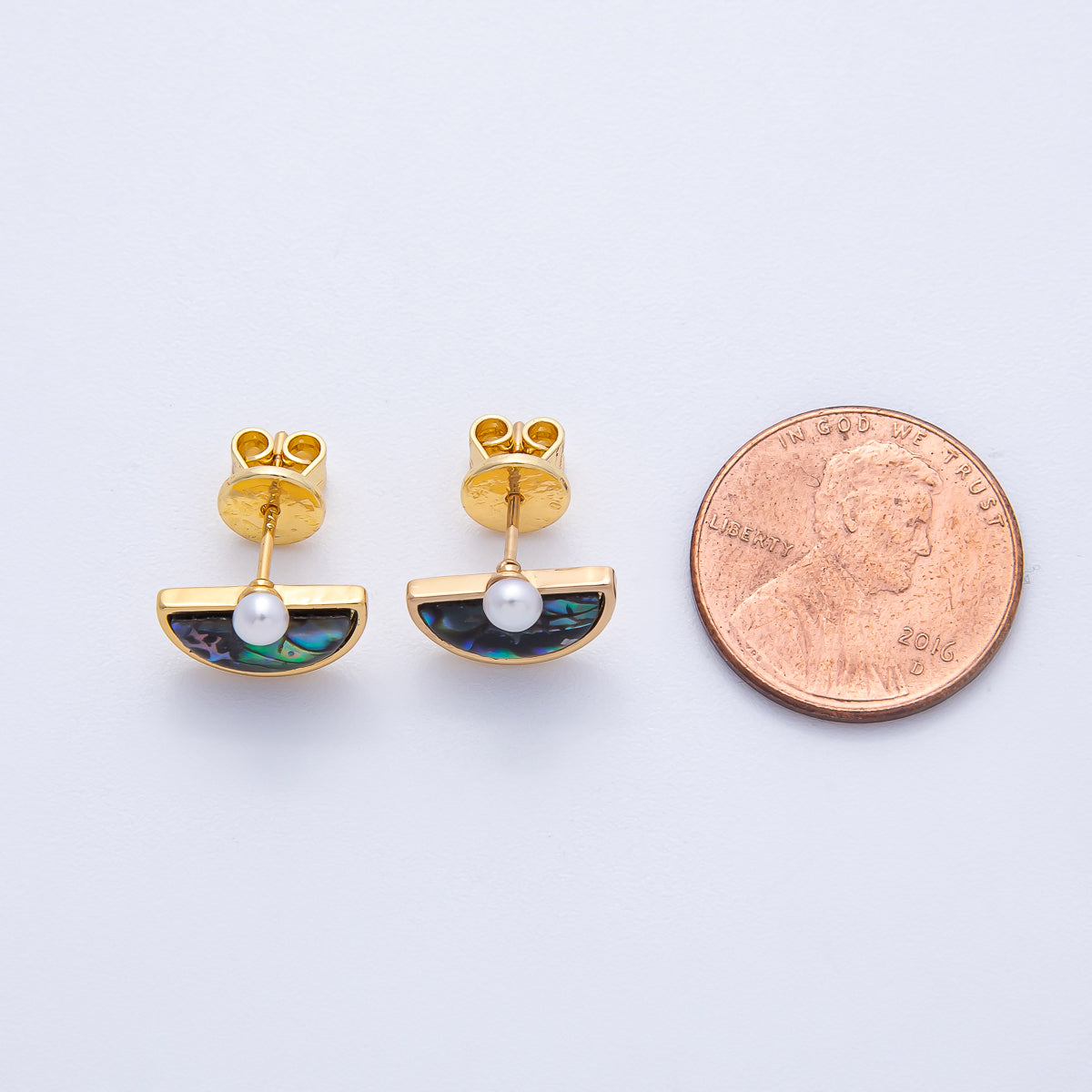 18K Gold Filled 16mm Shell Pearl Abalone Half Fan Stud Earrings | AB1673