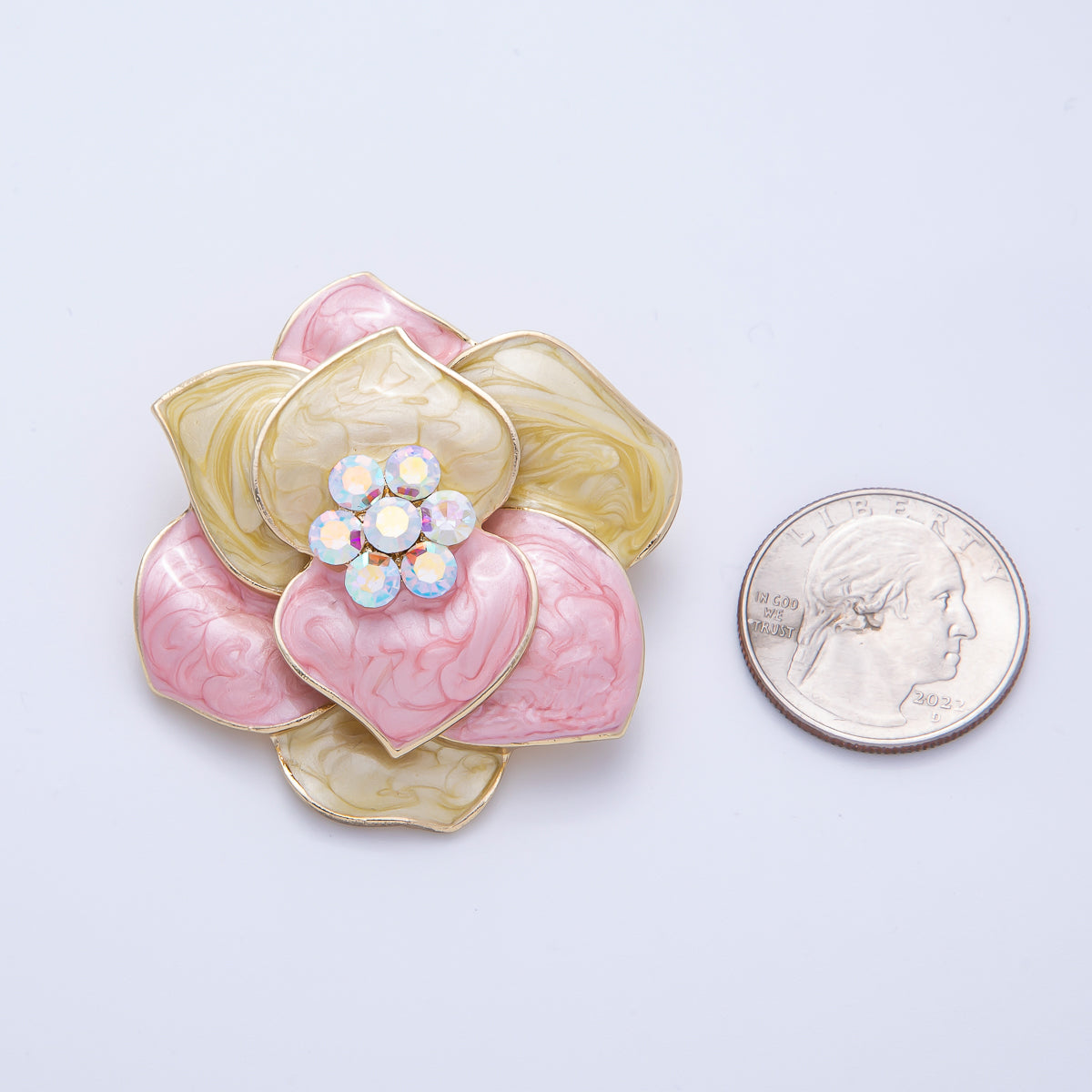 Gold 48.2mm x 38.5mm Rhinestone Yellow Pink Glitter Enamel Flower Pin Brooch | BH-089