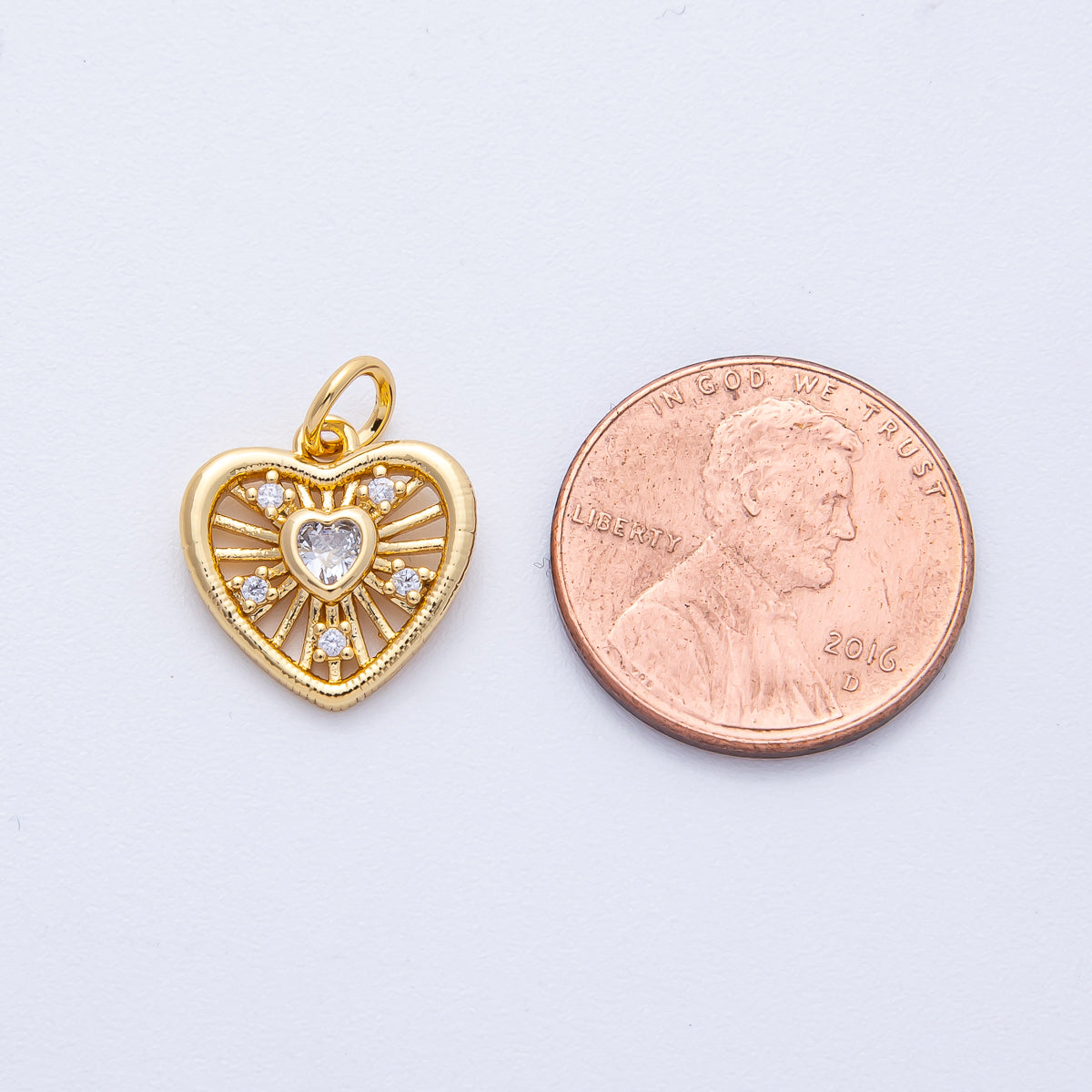 18K Gold Filled 13.5mm Clear CZ Sunburst Heart Mini Charm | AK180