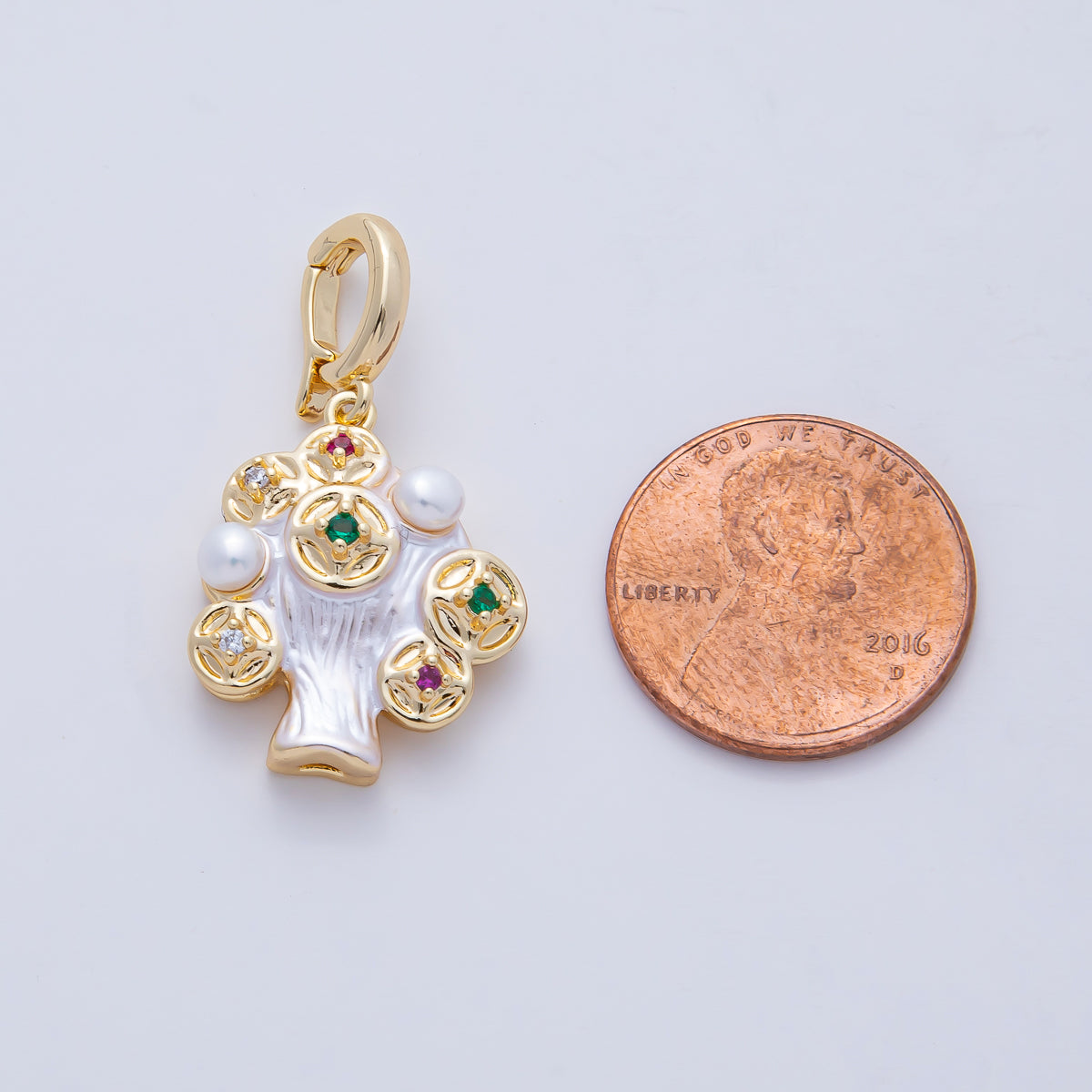 18K Gold Filled 21mm Multicolor CZ Shell Pearl Geometric Snap Latch Pendant | AF1199