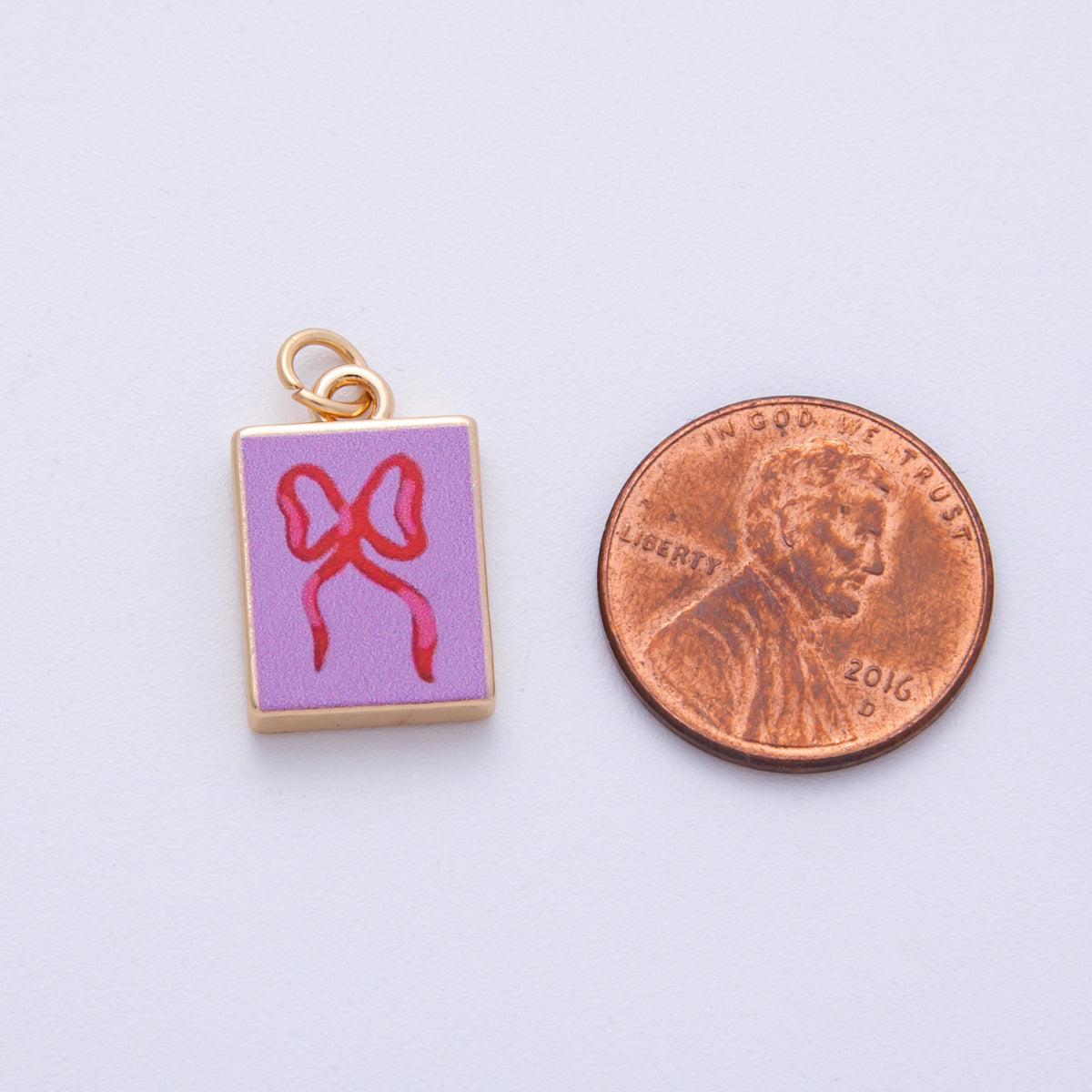 18K Gold Filled 18.2mm Ribbon Bow Pink Rectangle Charm | AF1599