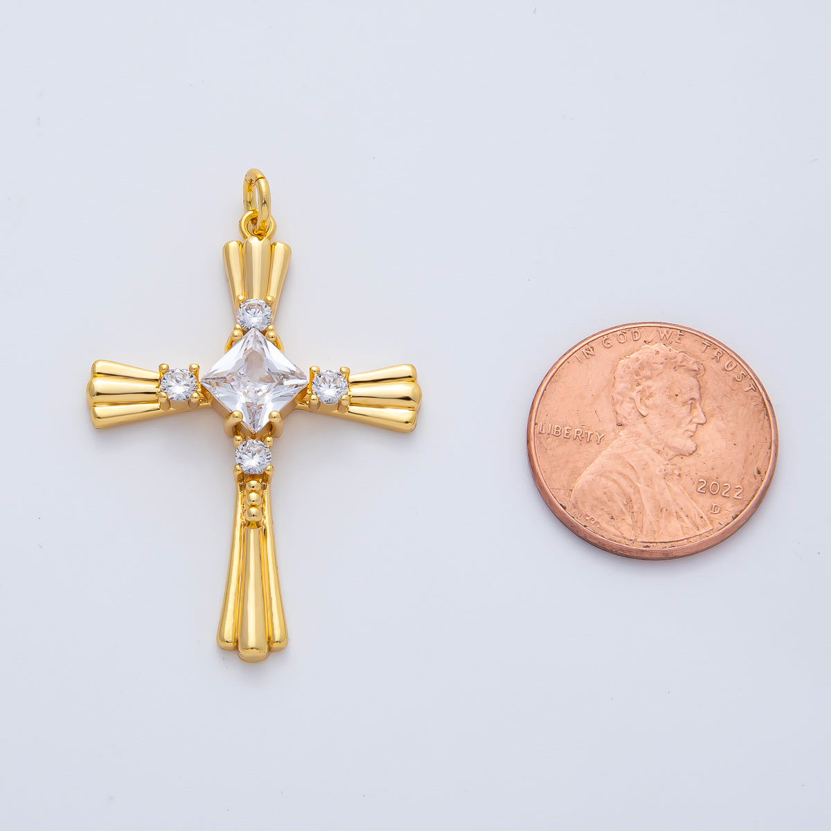 18K Gold Filled 35mm CZ Ribbed Lined Religious Cross Charm | AF1467