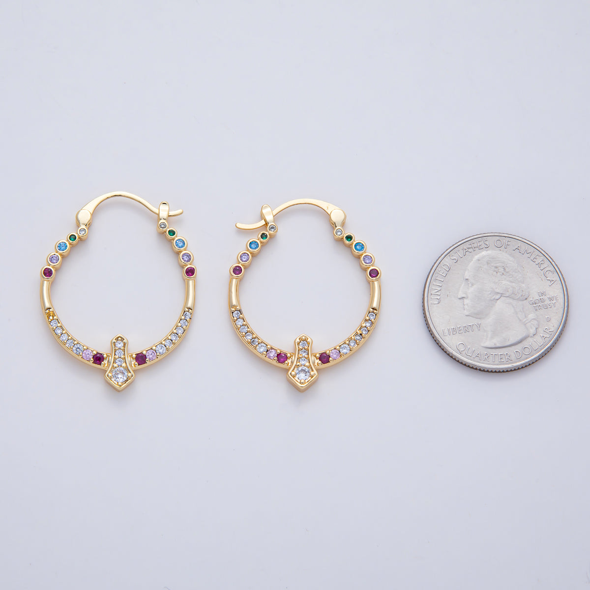 18K Gold Filled 35mm Multicolor Micro Paved CZ Geometric Latch Hoop Earrings | AD1656