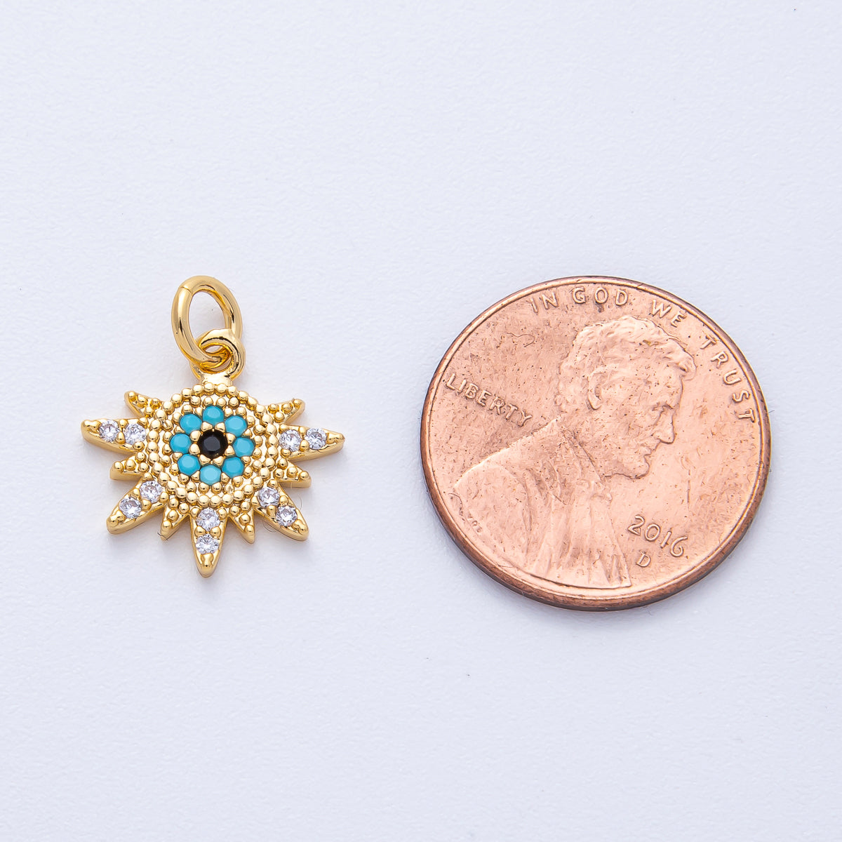 18K Gold Filled 14mm Micro Paved CZ Turquoise Evil Eye Celestial Sun Ray Burst Charm | AK200