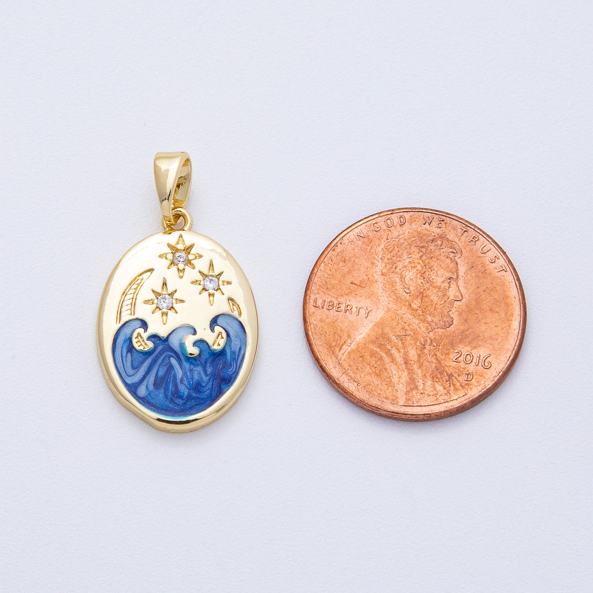18K Gold Filled 20mm Clear CZ Celestial Crescent Moon Star Sea Ocean Oval Pendant | AF1233
