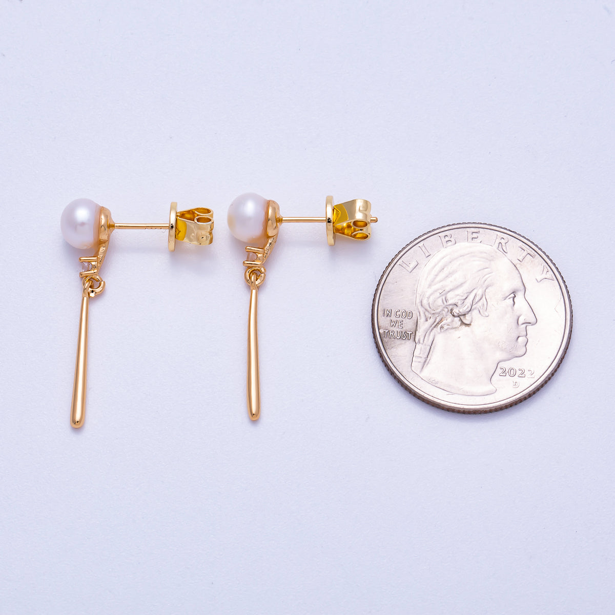 18K Gold Filled 29mm Shell Pearl Round Molten Bar Drop Stud Earrings | Earrings-00352