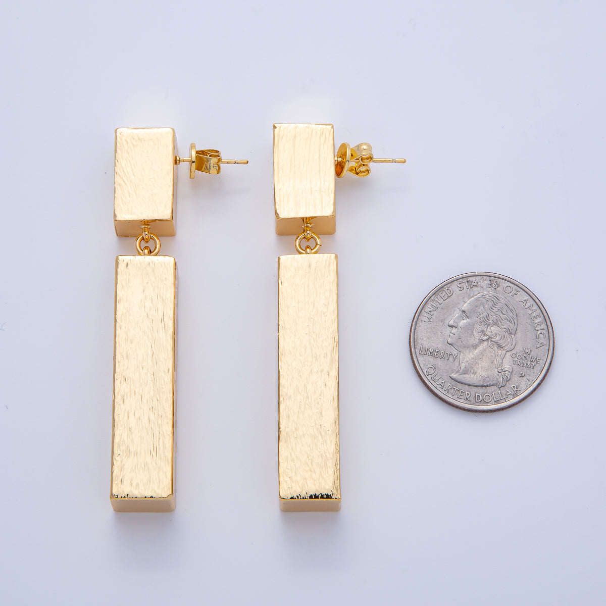 18K Gold Filled 64mm Textured Tube Geometric Drop Stud Earrings | AE314