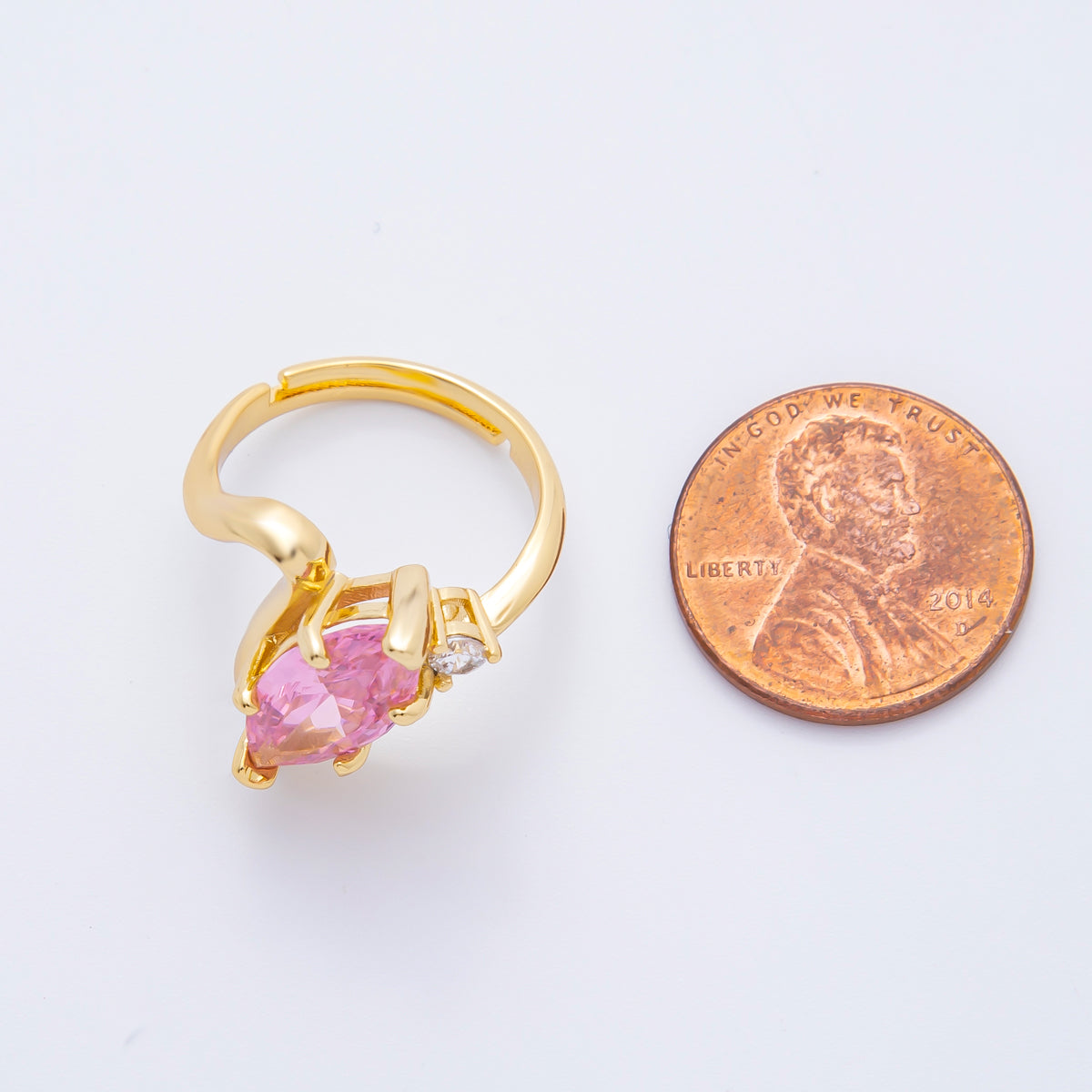 18K Gold Filled Clear, Pink Marquise CZ Solitaire Curved Adjustable Ring | O02243