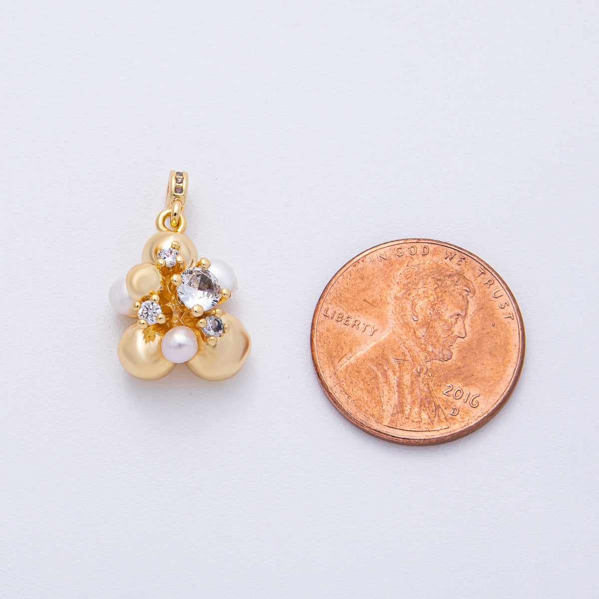 18K Gold Filled 16mm Geometric Bubble Shell Pearl Micro Paved CZ Charm | AK114