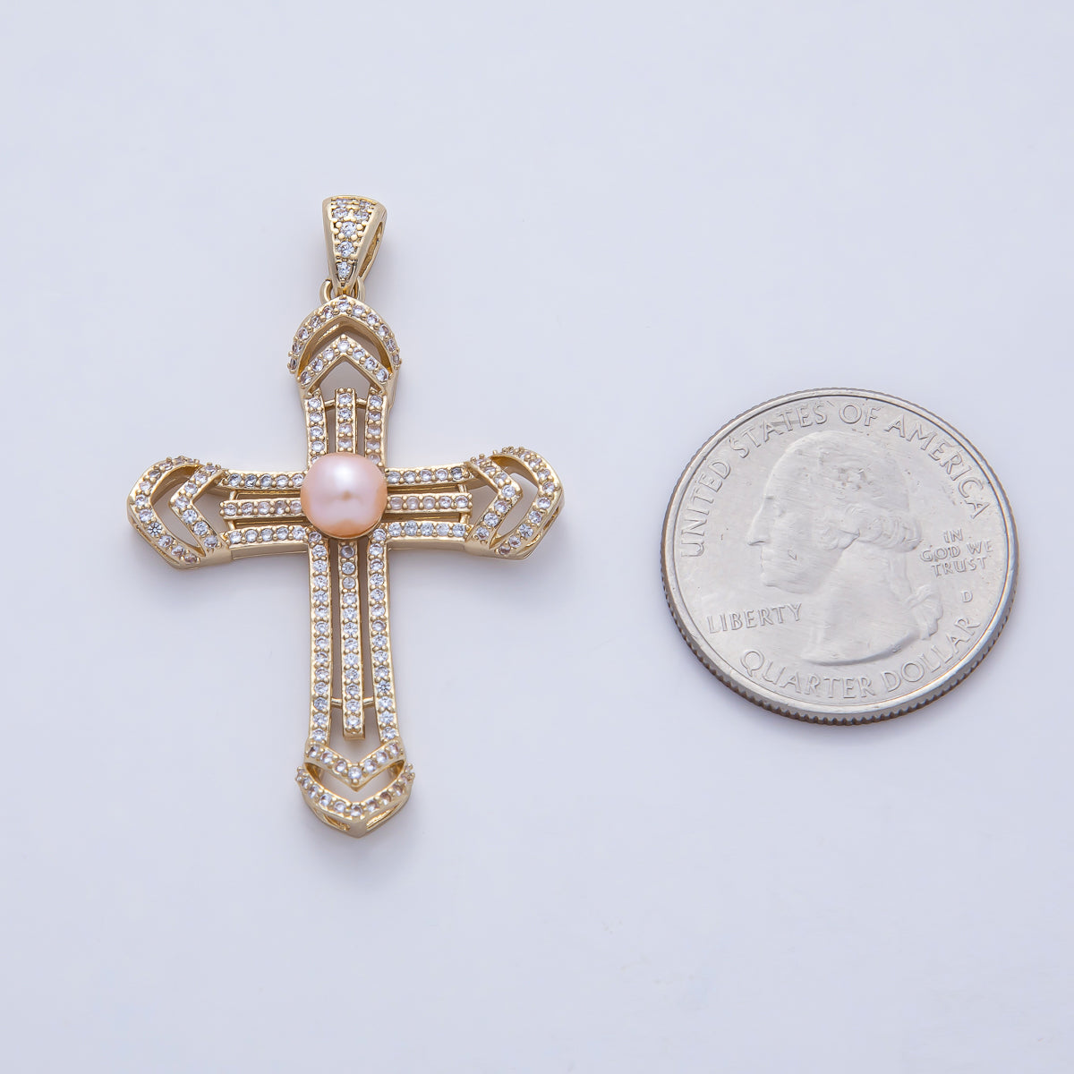 18K Gold Filled 40mm White, Pink Shell Pearl Micro Paved CZ Passion Cross Pendant | AF1194