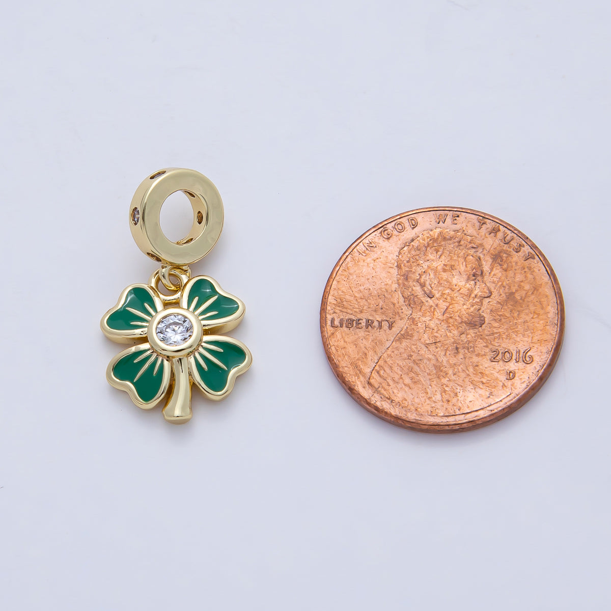 18K Gold Filled Clear CZ Green Enamel Clover Dotted Rondelle Drop Pendant | AF1475