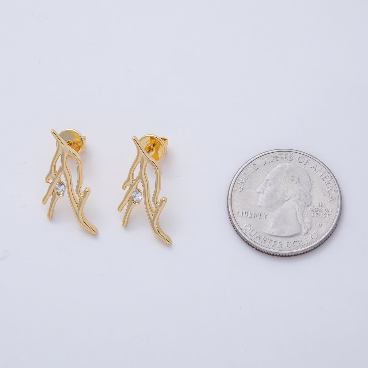 18K Gold Filled 24mm Clear CZ Geometric Lined Leaf Stud Earrings | AD1665