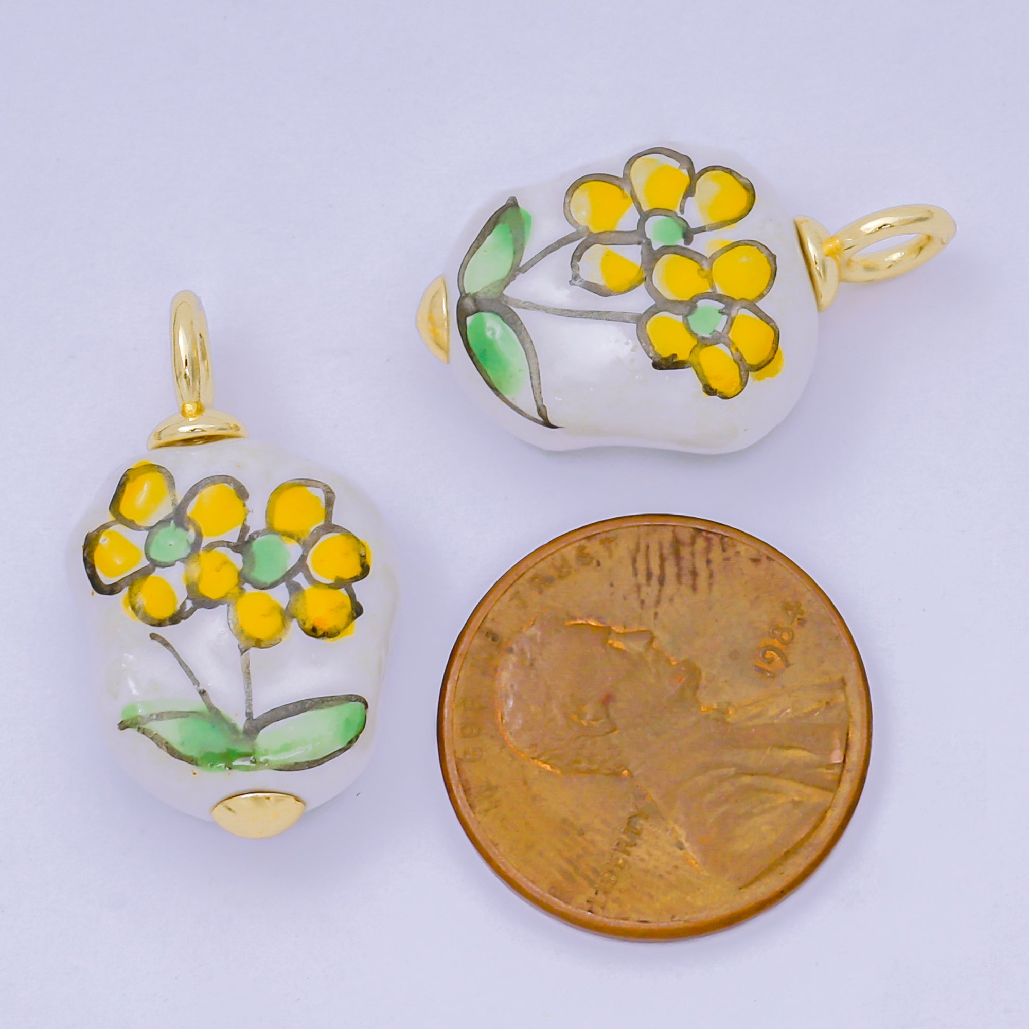 24K Gold Filled Yellow Daisy Flower Handmade Painted Baroque Freshwater Pearl Charm | AF1278