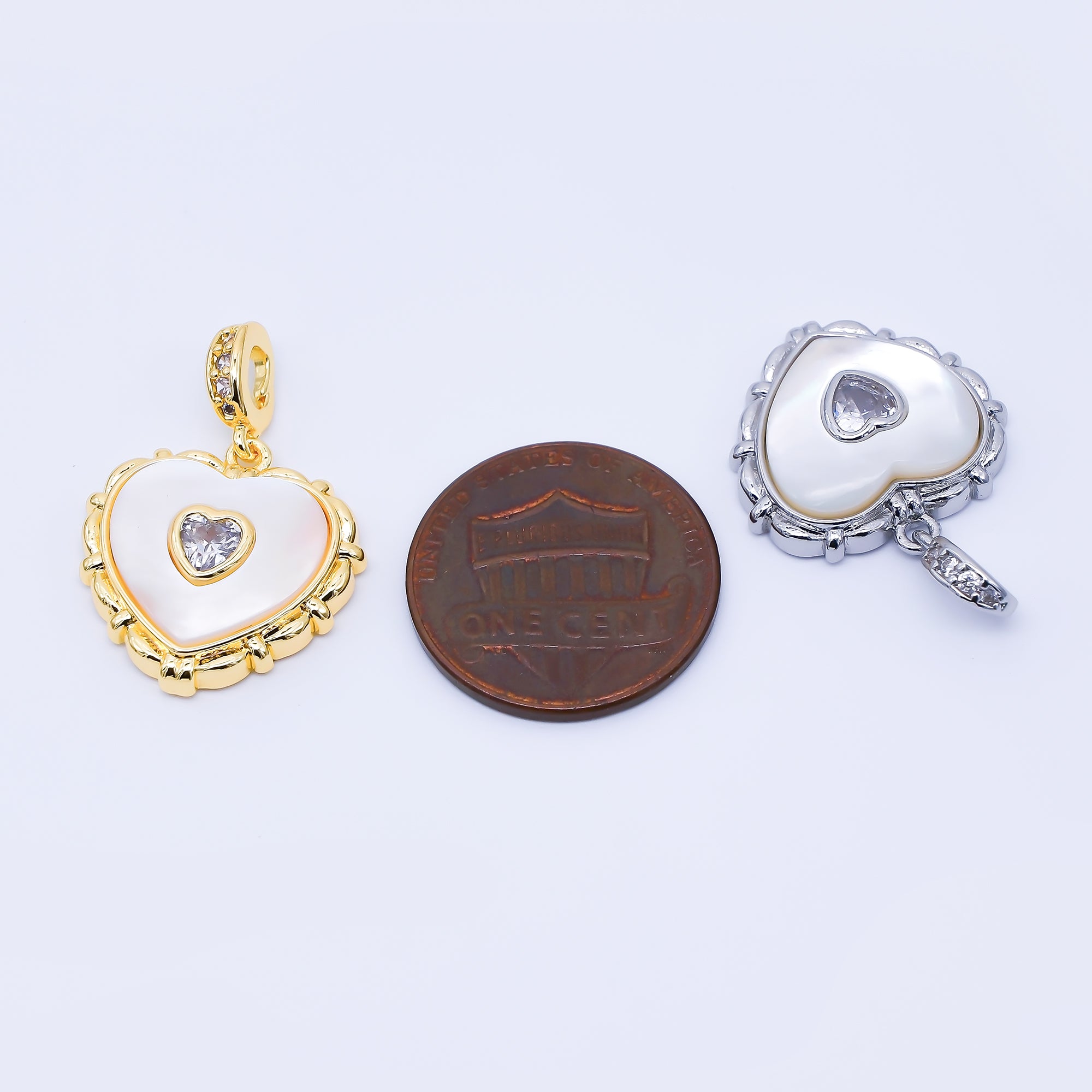 24K Gold Filled Clear CZ Shell Pearl Heart Pendant in Gold & Silver | AA1682
