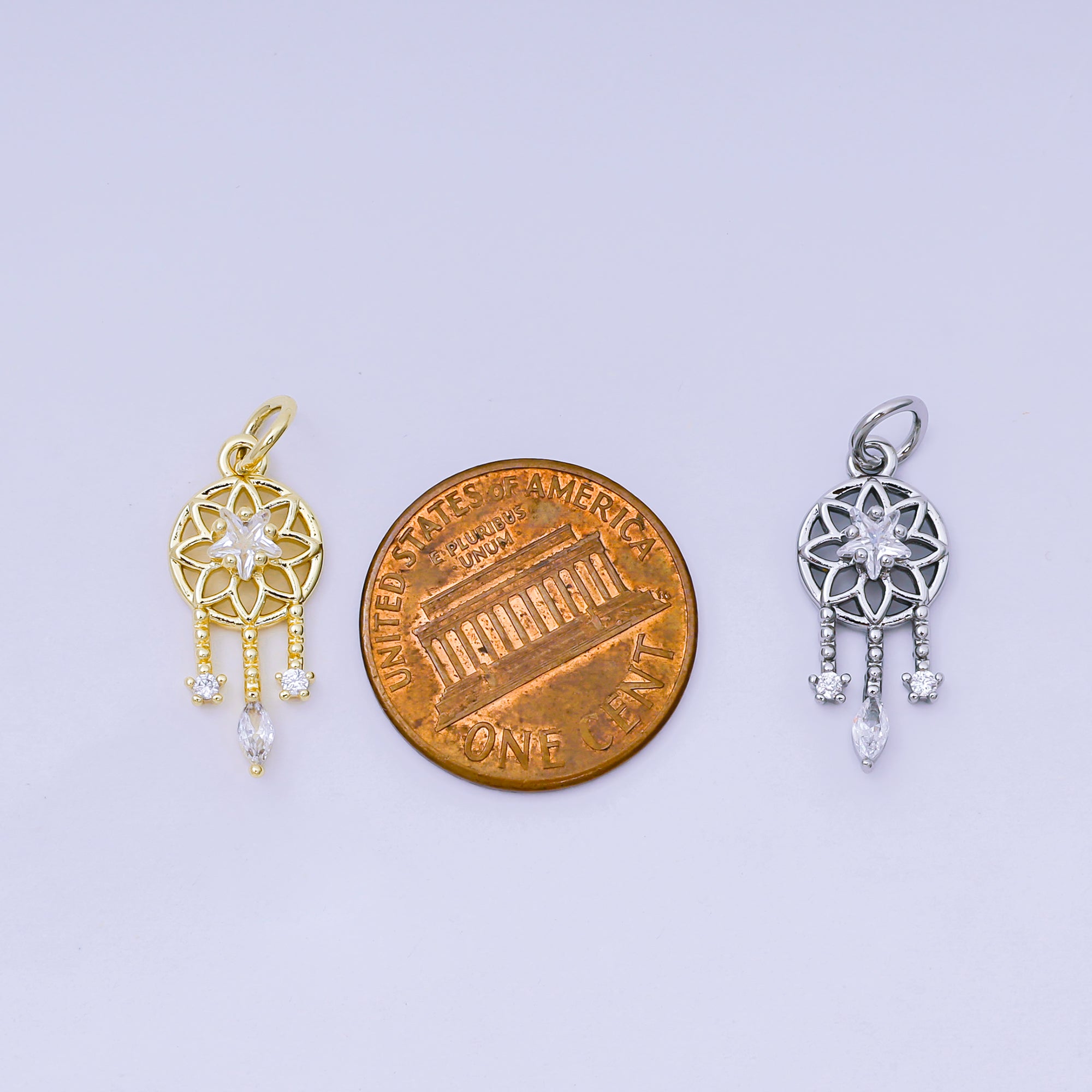 24K Gold Filled 19.5mm Clear, Pink CZ Dreamcatcher Charm in Gold & Silver | AJ469 AJ470