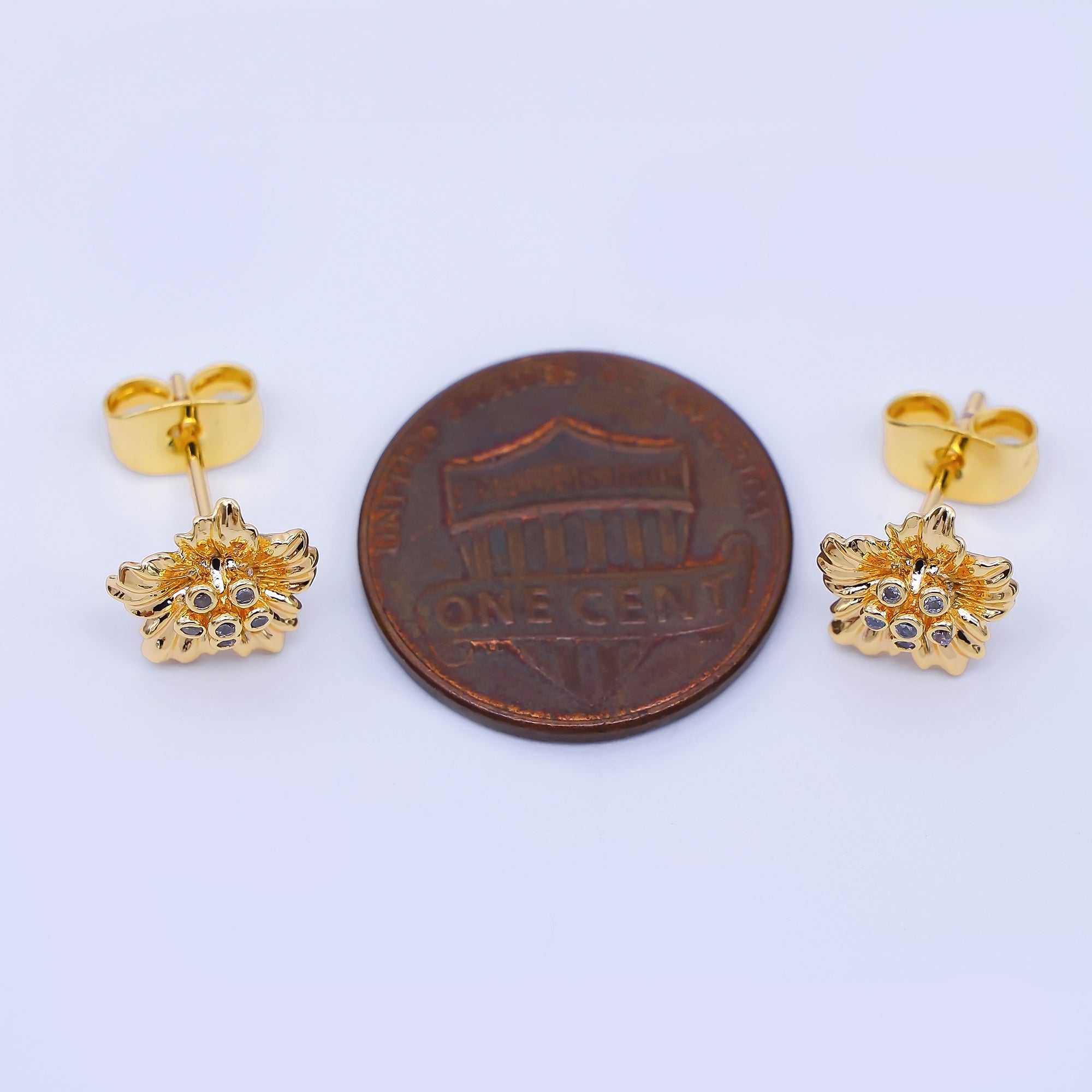 24K Gold Filled Clear Round CZ Minimalist Flower Stud Earrings | AB1634