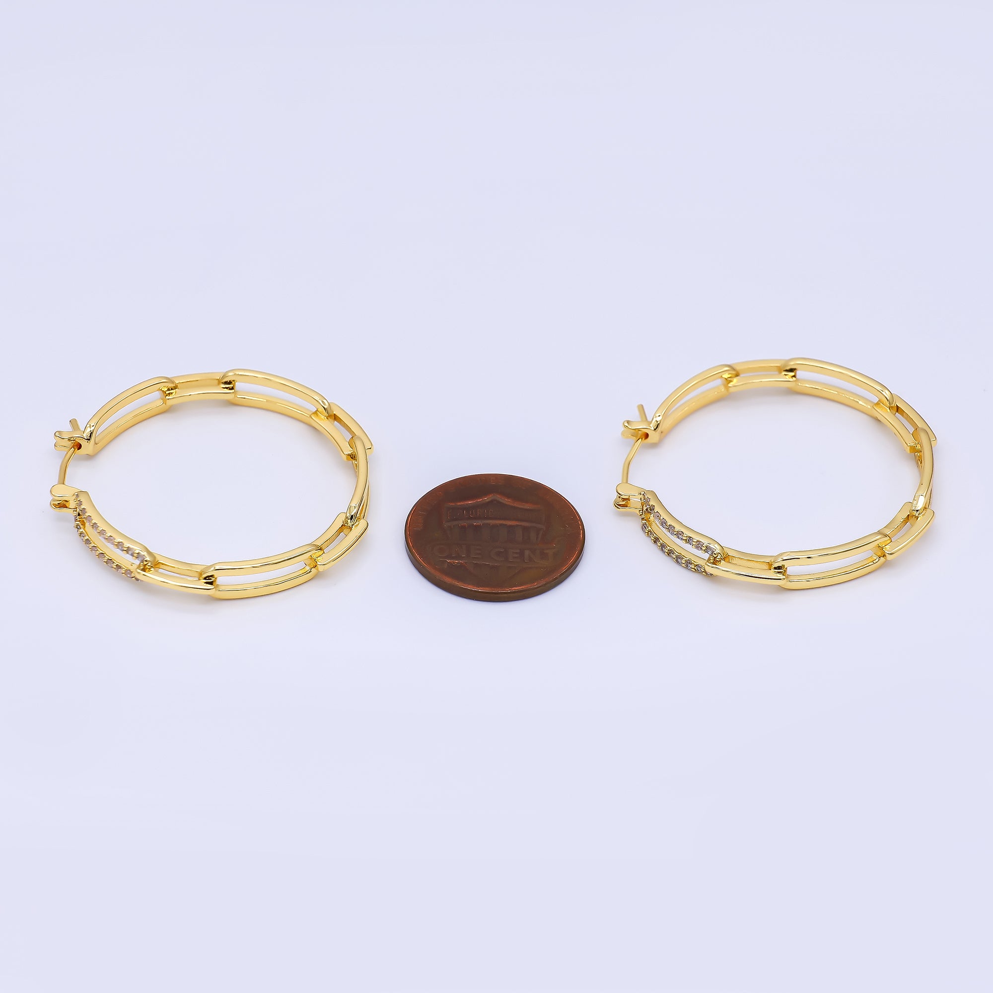 24K Gold Filled 34mm Micro Paved CZ Paperclip Link Latch Hoop Earrings | AI478