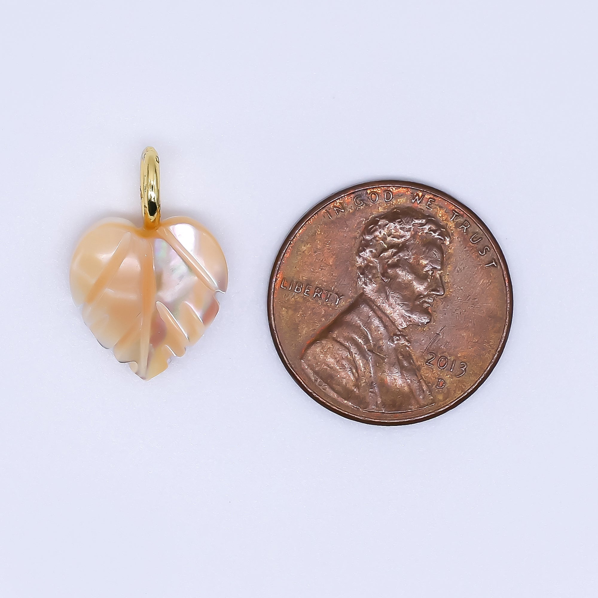 24K Gold Filled Round CZ Shell Pearl Monstera Leaf Charm | AF-555 P-1680