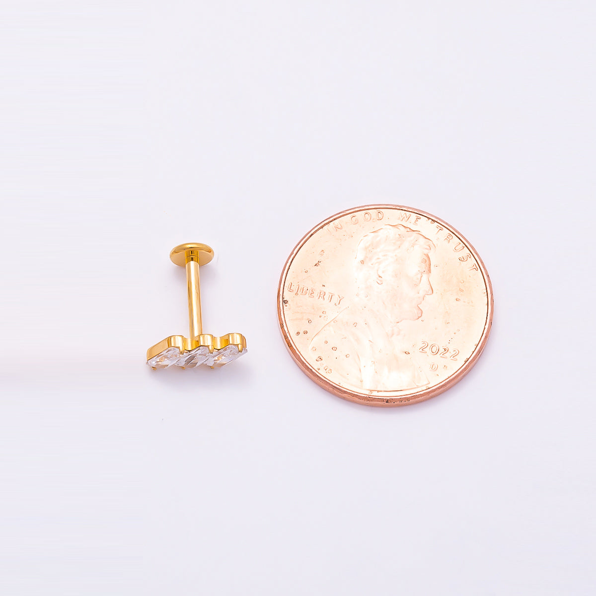 24K Gold Filled 4mm Triple Baguette CZ Cartilage Piercing Flat Back Stud in Gold & Silver | Findings-00271 Findings-00272