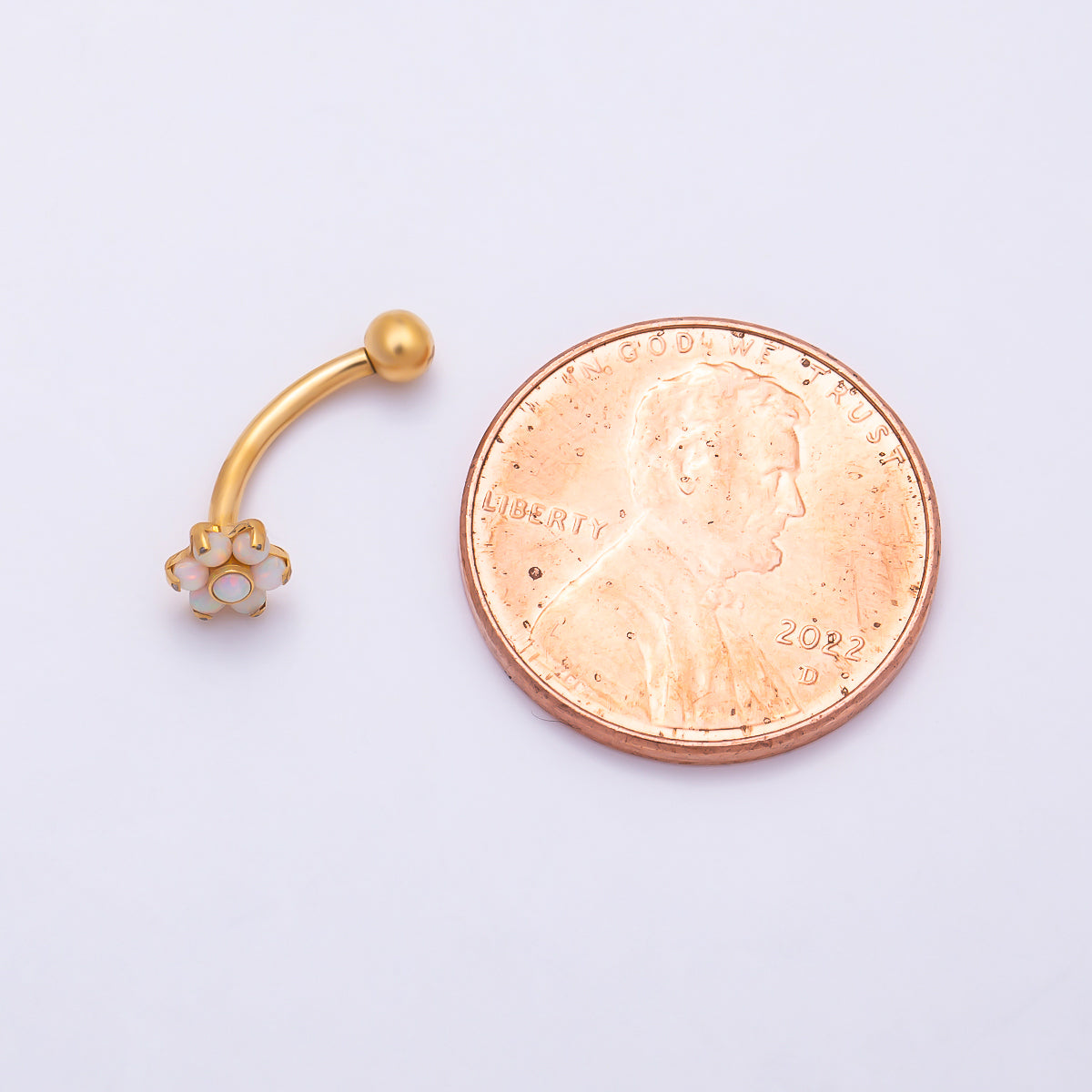 Titanium White Opal Flower Curved Eyebrow Barbell Piercing Stud in Gold & Silver | Findings-00458