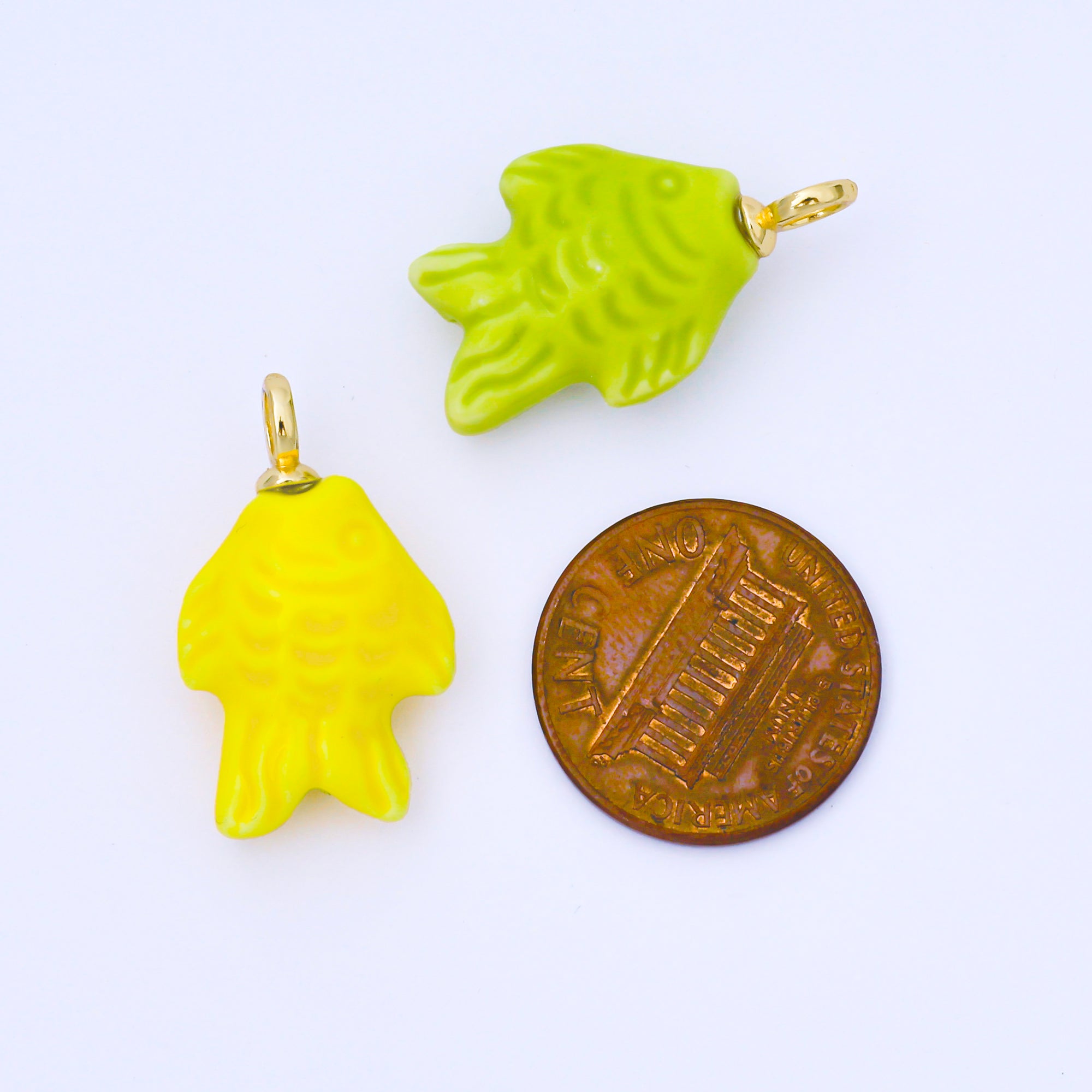 24K Gold Filled 25mm Orange, Red, Yellow, Blue, Green, Teal Fish Ceramic Porcelain Drop Charm | C960 - C963