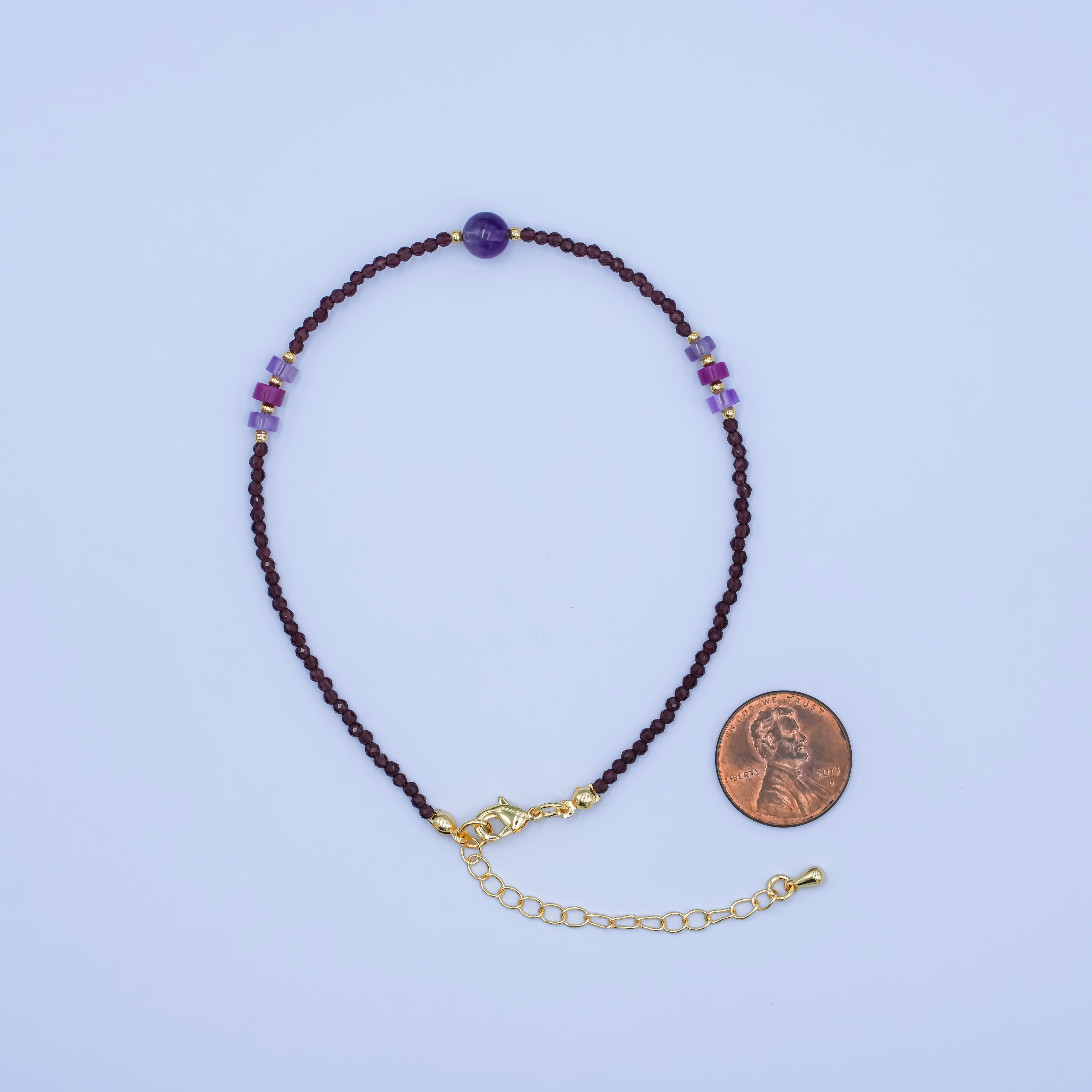 24K Gold Filled 2mm Purple Amethyst Multifaceted Gemstone 9 Inch Anklet | WA-2950