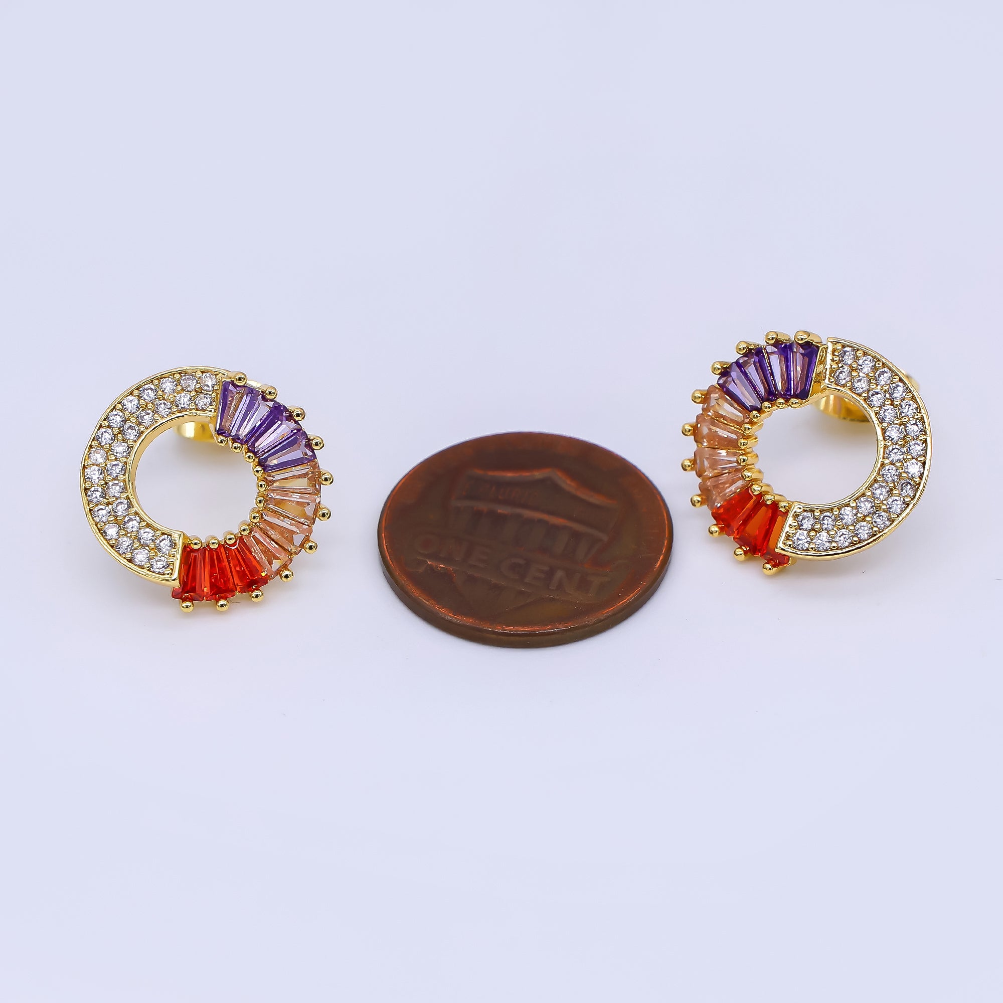 24K Gold Filled 16mm Multicolor Baguette Micro Paved CZ Circle Round Stud Earrings | AI479