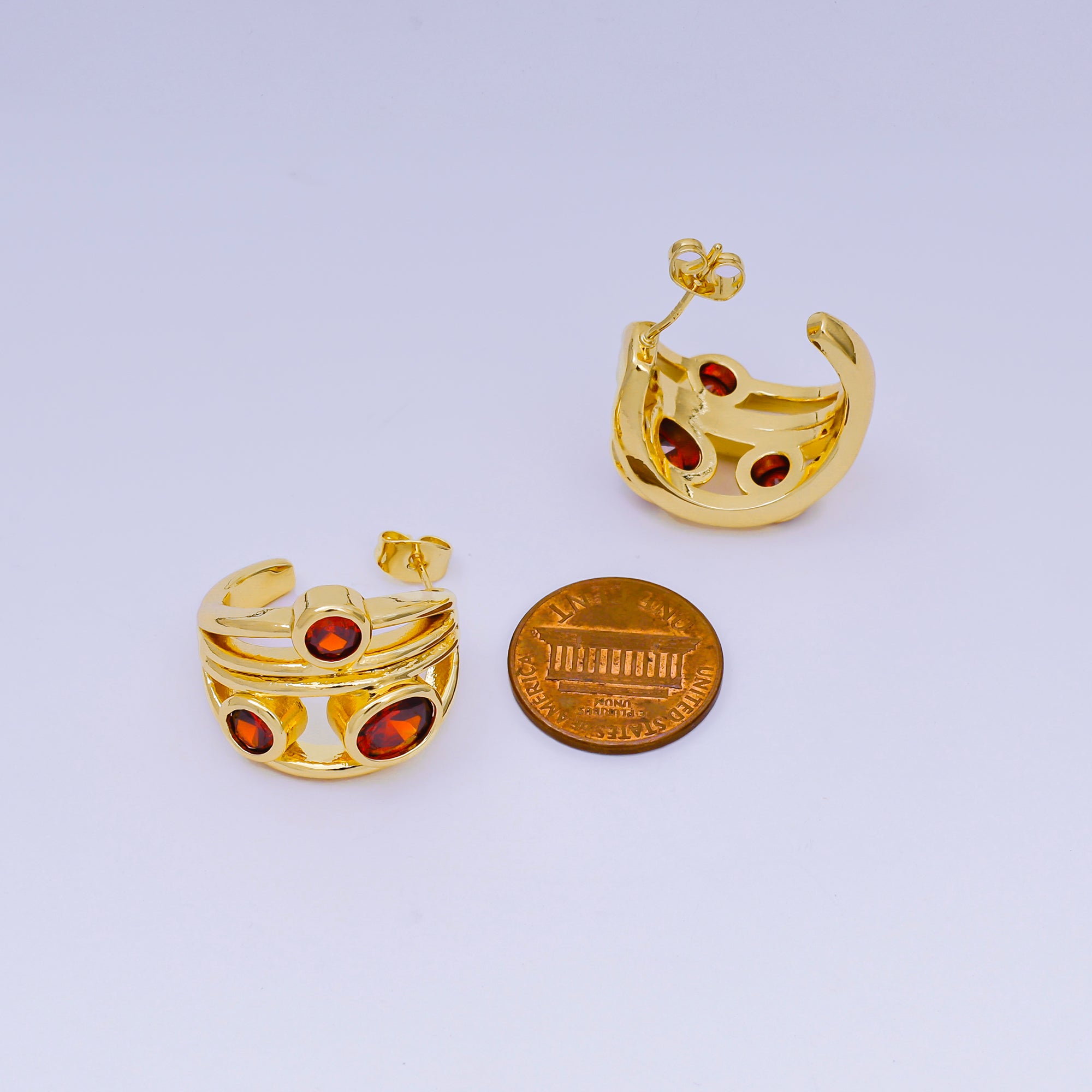 24K Gold Filled 25mm Red Round CZ Multiband C-Shaped Hoop Earrings | AI507
