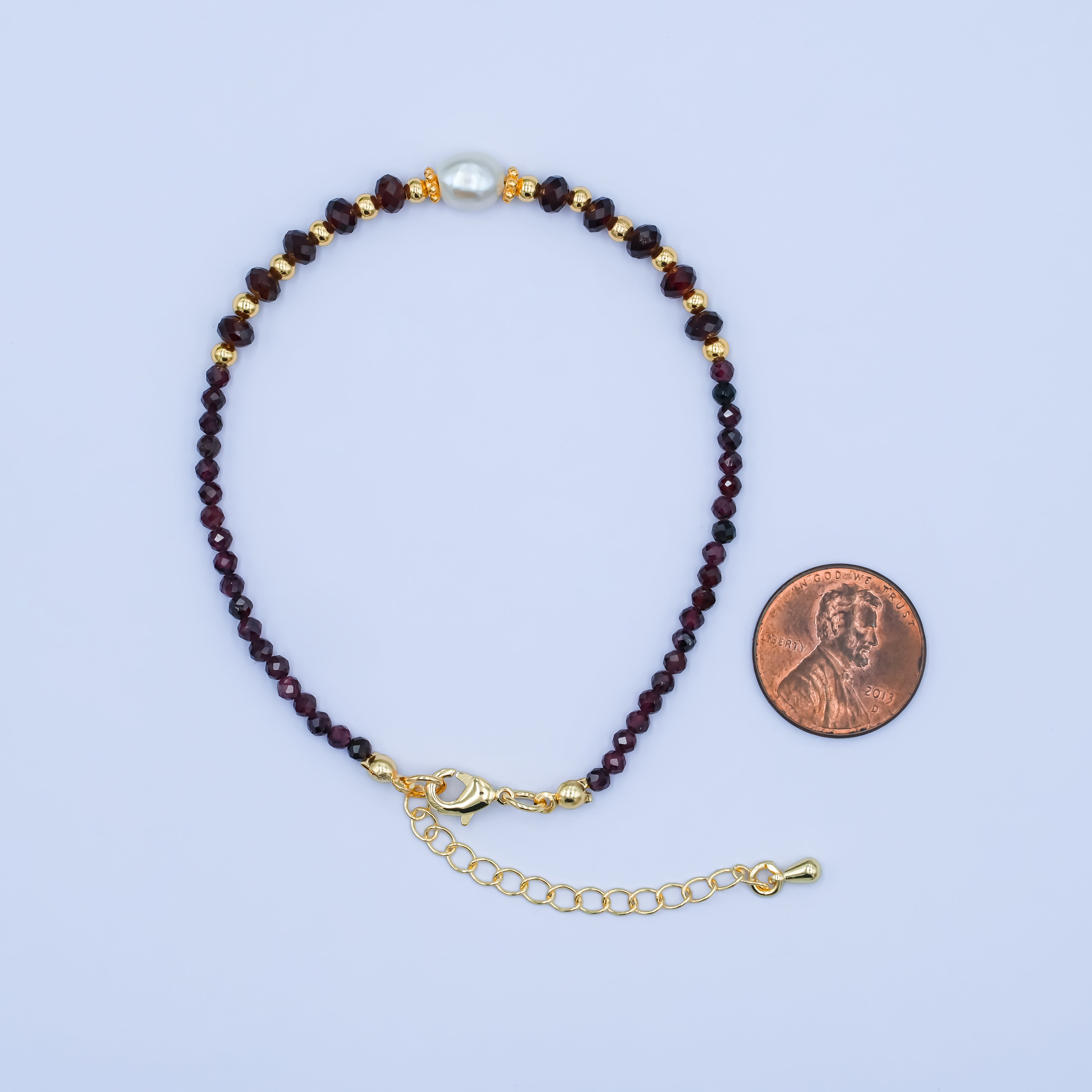 24K Gold Filled Shell Pearl Dark Red Multifaceted Gemstone 7.5 Inch Bracelet | WA-2892