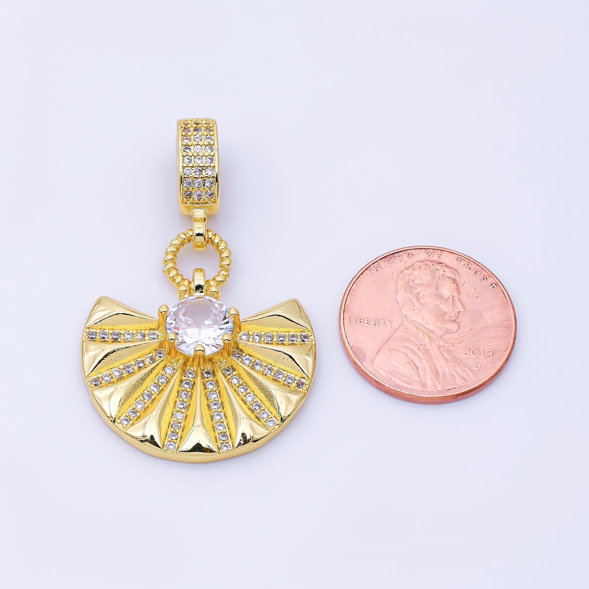 24K Gold Filled 22.5mm Fan Round Micro Paved CZ Rondelle Bail Drop Pendant | I003