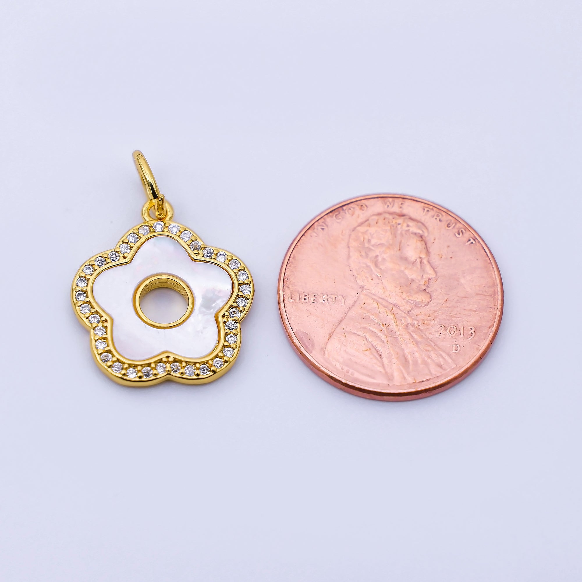24K Gold Filled 17mm Open Shell Pearl Micro Paved CZ Flower Charm | C972