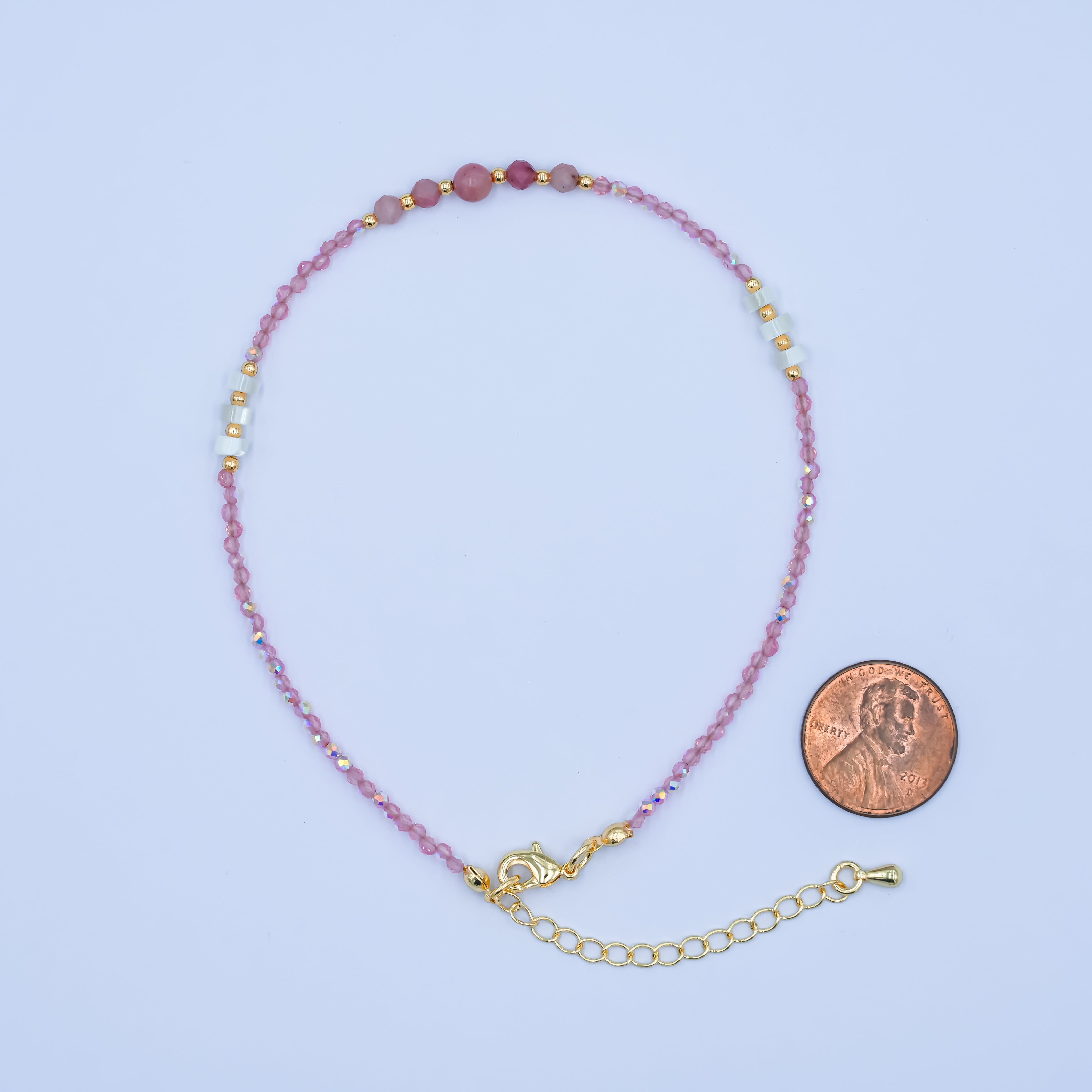 24K Gold Filled 2mm Shell Pearl Pink Quartz Multifaceted Gemstone 9 Inch Anklet | WA-2945