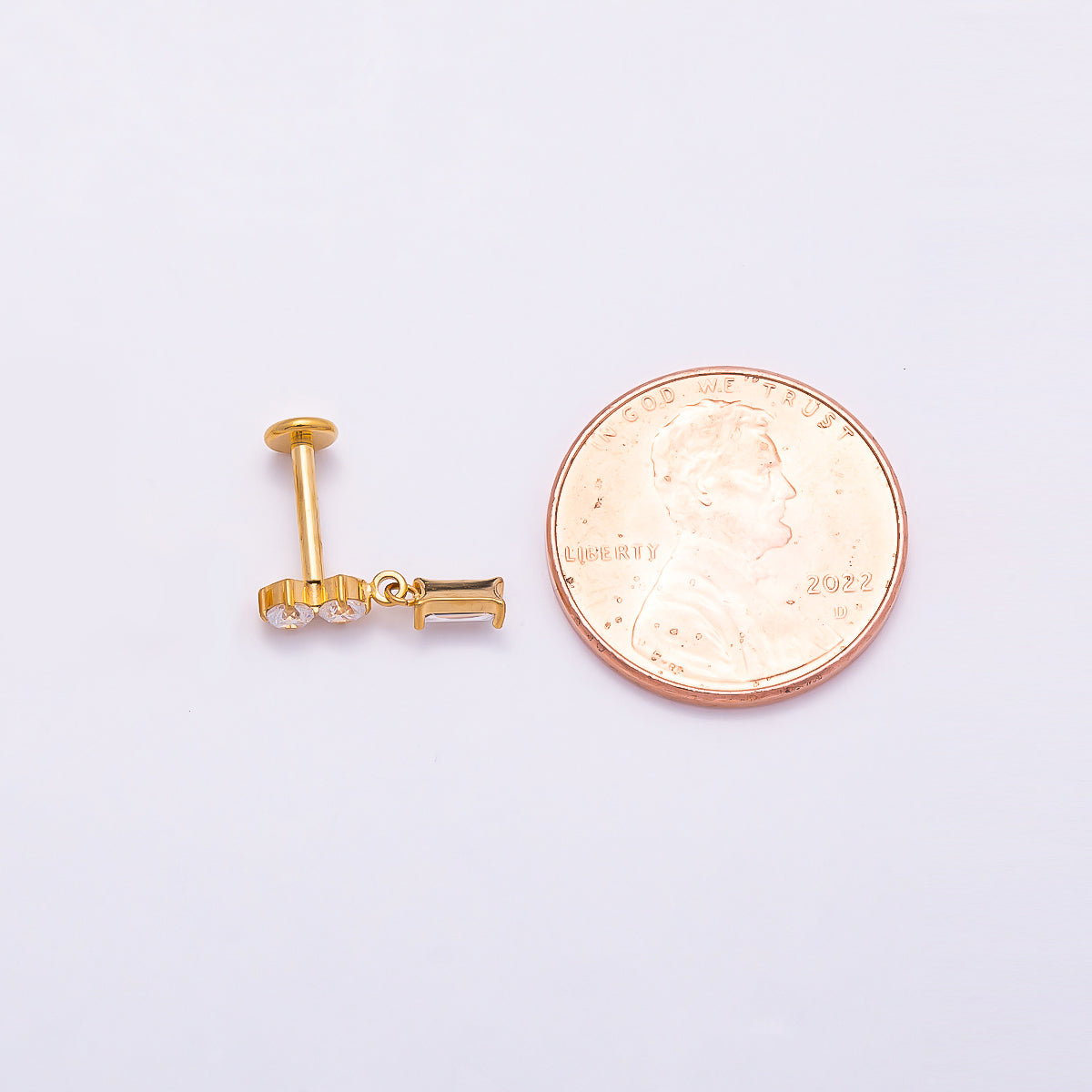 24K Gold Filled 14mm Clear CZ Round Baguette Drop Single Cartilage Piercing Flat Back Stud in Gold & Silver | Findings-00248 Findings-00249