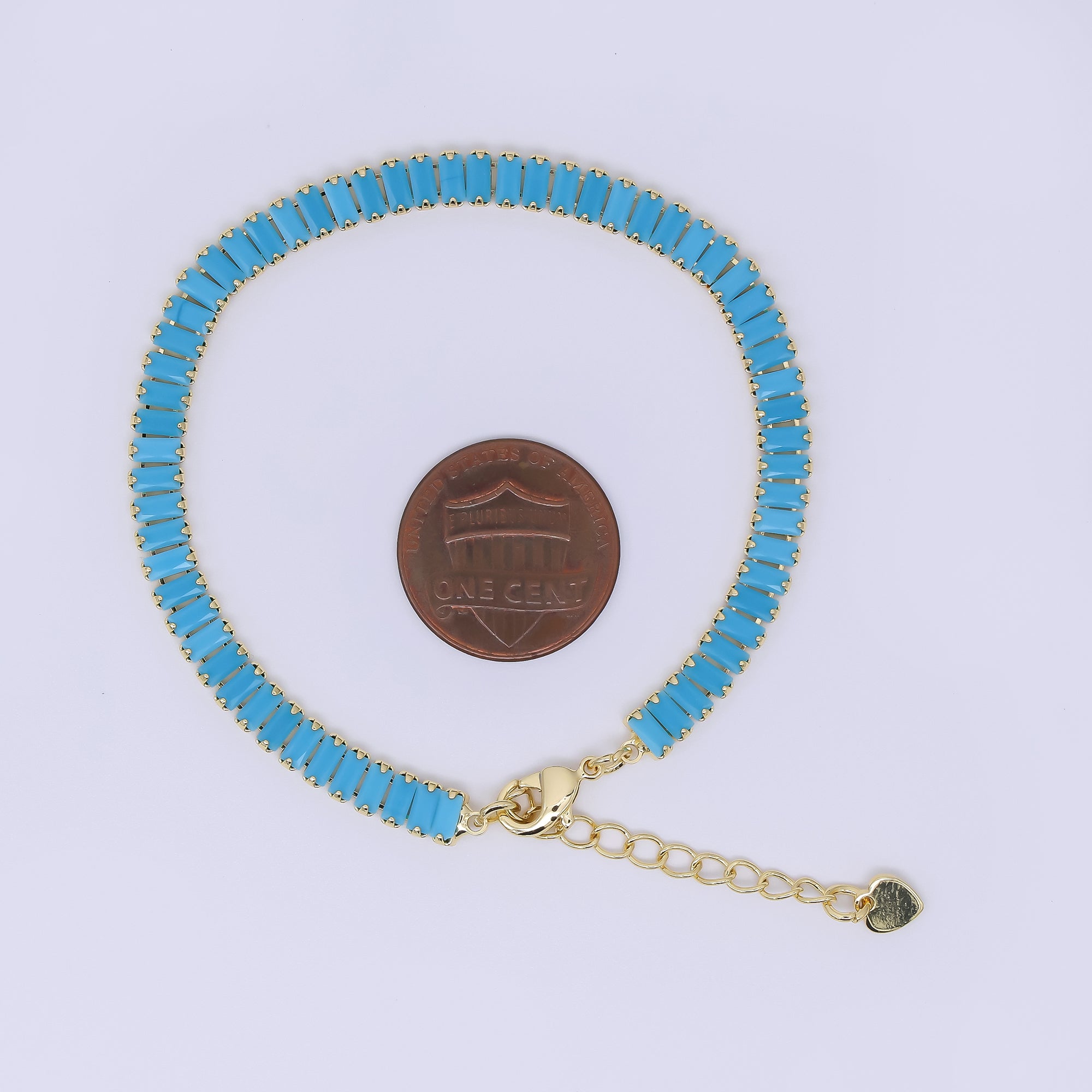 24K Gold Filled 5mm Blue Turquoise Baguette 7 Inches Tennis Chain Bracelet | WA-1606