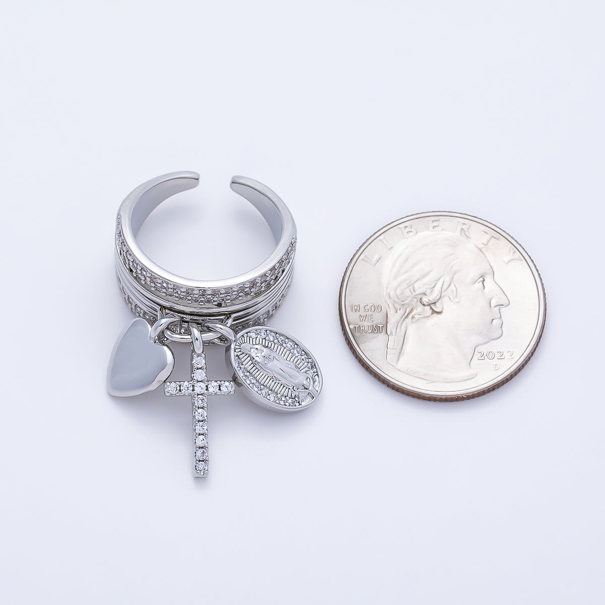 16K Gold Filled Micro Paved CZ Heart Mary Cross Religious Drop Ring in Gold & Silver | Rings-00281 Rings-00282